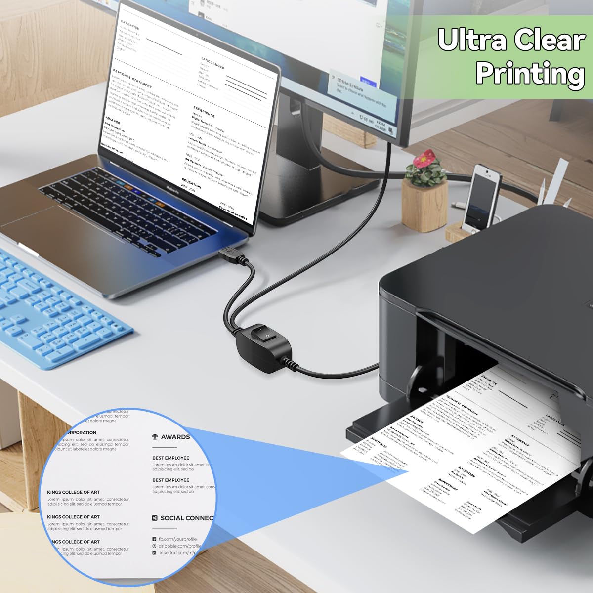 5FT Dual Computer Printer Cable Splitter - USB B to A for Inkless Printers & Scanners