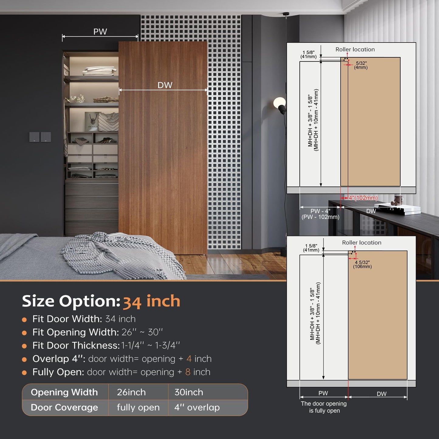 FINOSEN 34inch Concealed Sliding Barn Door Hardware with Soft Close Mechanism, Invisible Floor Track, Fit MIN Opening Width 26in, Wall Mount System, Aluminum(Door is not Included)