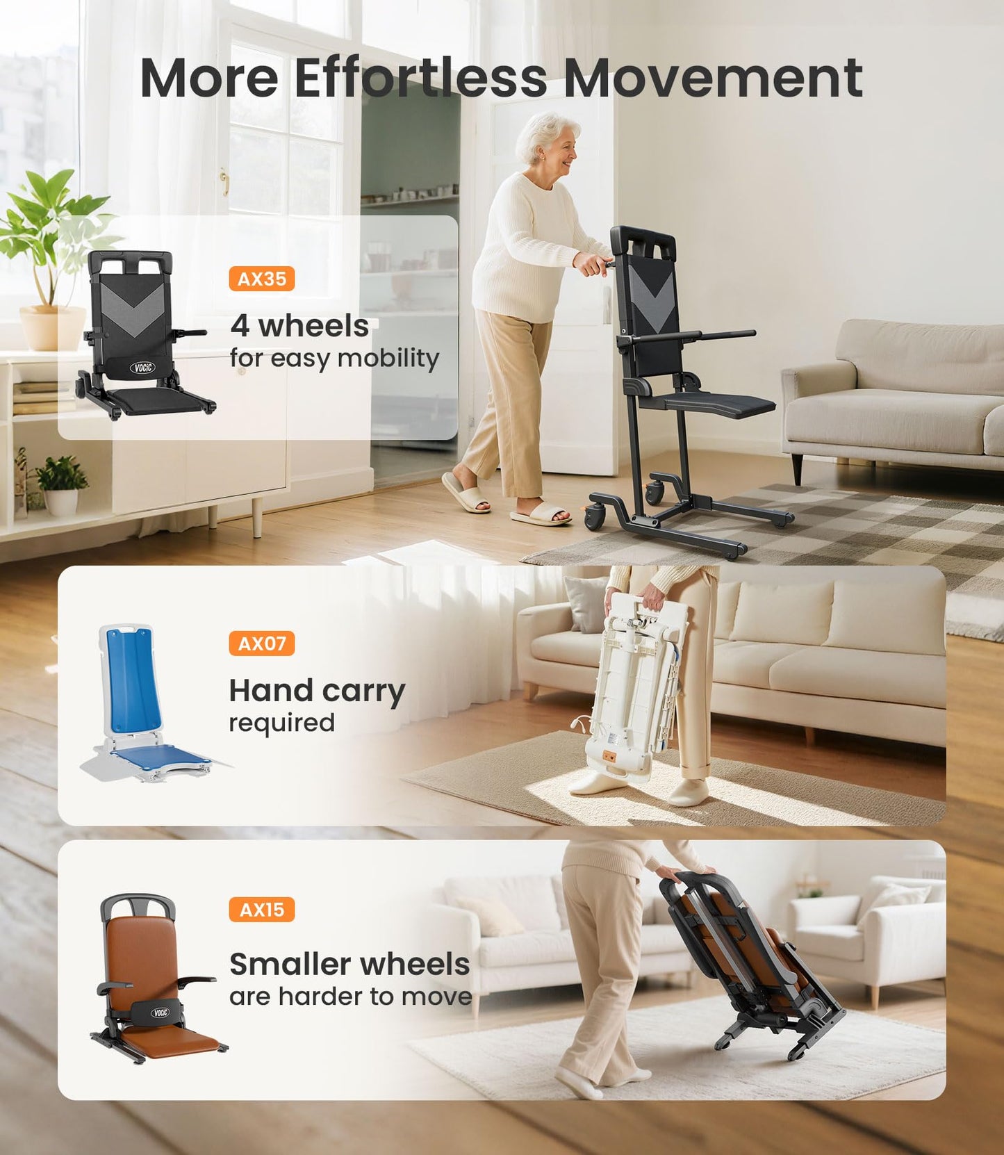VOCIC Movable Electric Chair Lift with 4 Wheels, Portable Rolling Chair Lift with T-Stabilized Base, Short-Distance Transport, Help Stand from Floor for Seniors, Supports 350 LBS, AX35
