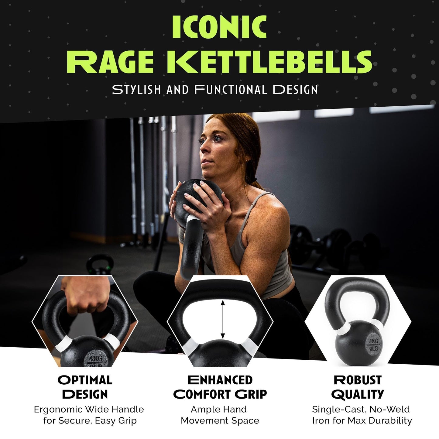 Rage Fitness Kettlebells, Single-cast Iron, No-welded Joints, Wide Handle, Strength Training Kettlebells, Cast Iron Kettlebell Set, Powder Coated Kettlebell Weights For Maximum Durability, Men & Women