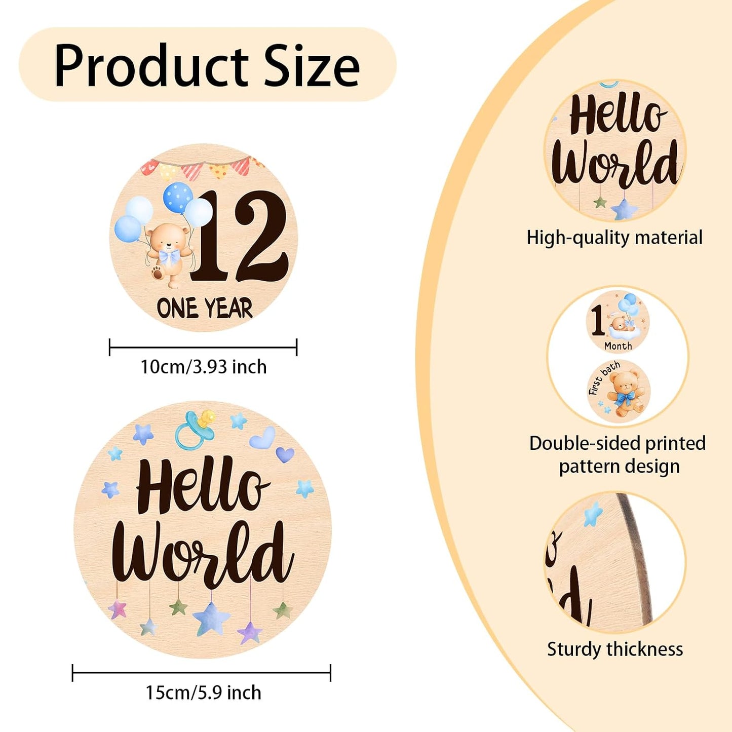 13 Props(0-12 Baby Monthly Milestone Cards - Double-Sided Wooden Milestone Signs Discs with Bear & Star Designs, Little