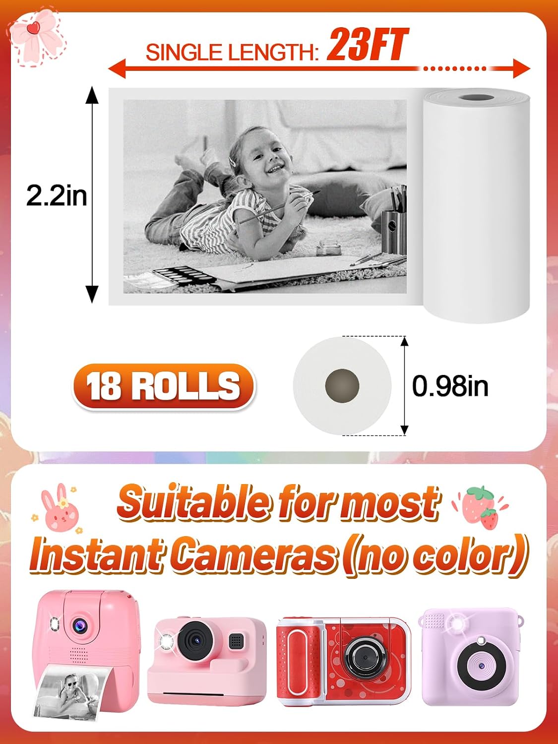 18 4 5 6 7 8 9 10 Rolls Kids Instant Camera Print Refill Paper - Photo Printer Thermal Paper Rolls, Instant Print