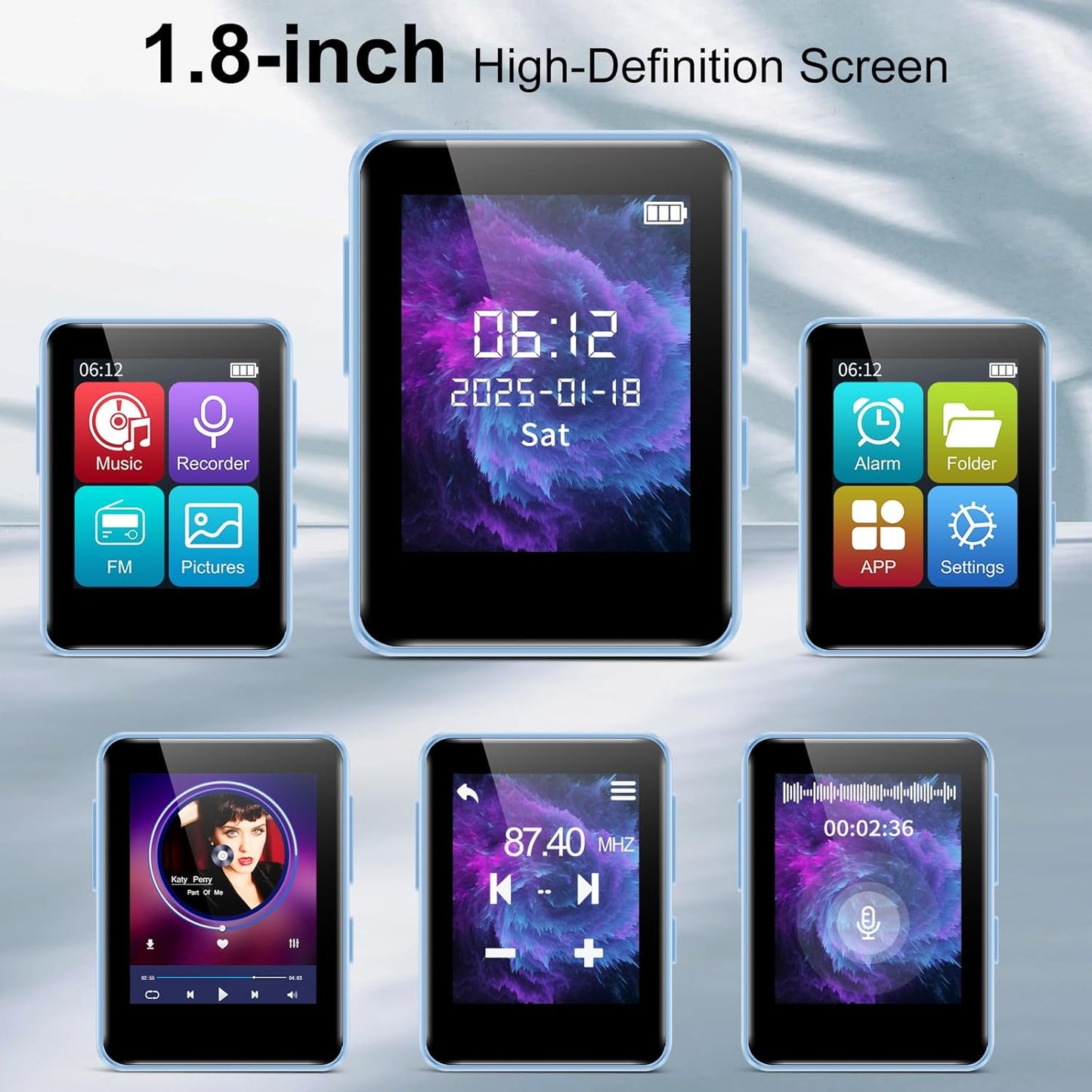 woolynew 32GB MP3 1.8 inch 512GB, Player with Bluetooth, Screen, with FM Radio, Recorder, Portable Sport HiFi Music
