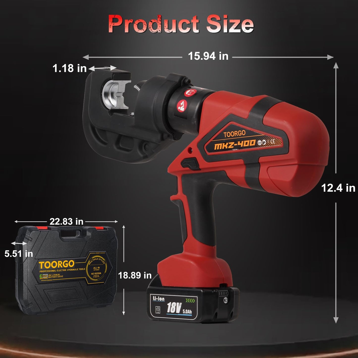 TOORGO Electric Crimping Tool,12 Ton 6AWG-800MCM Rechargeable Cable Crimper for Al/Cu Terminals, Wire Crimping Tool Kit with 13 Dies and Batteries,Red
