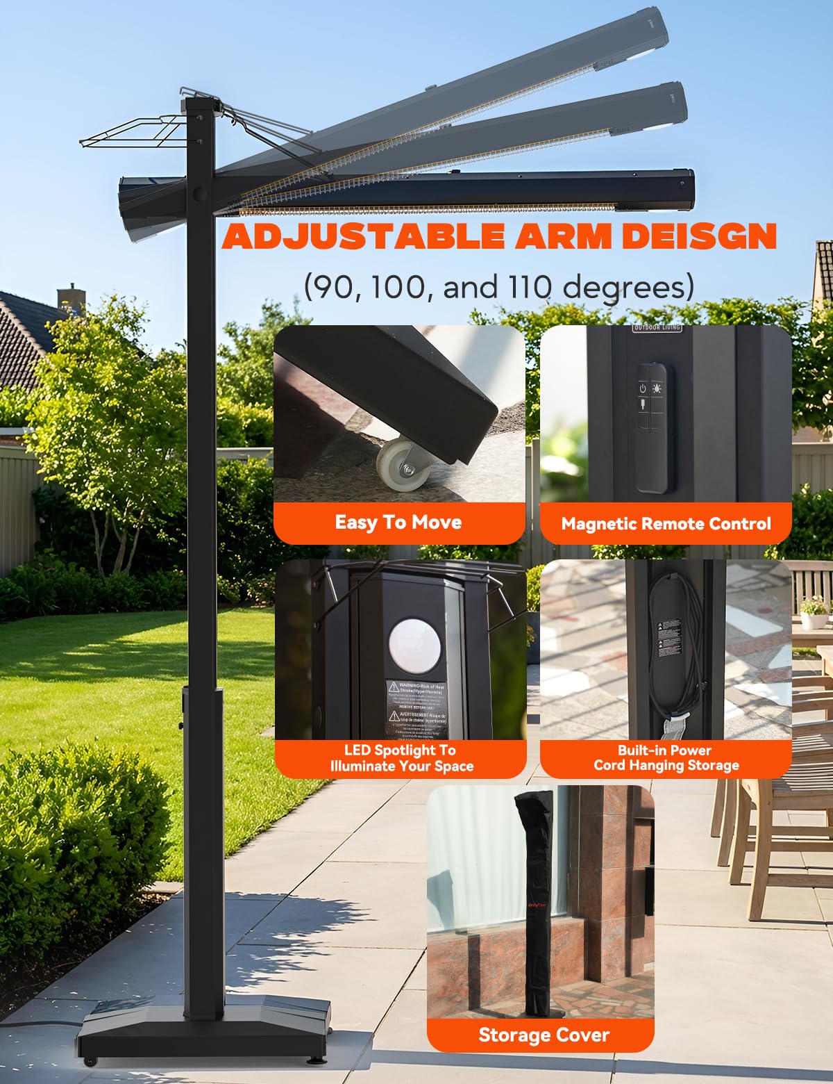 onlyfire FlexRay Heater - 80" Electric Infrared Patio Heater for Indoor & Outdoor Use, Freestanding Heater with Magnetic Remote & Cover, 3 Heat Modes + Light Mode,1500W, Overheat & Tip-Over Protection