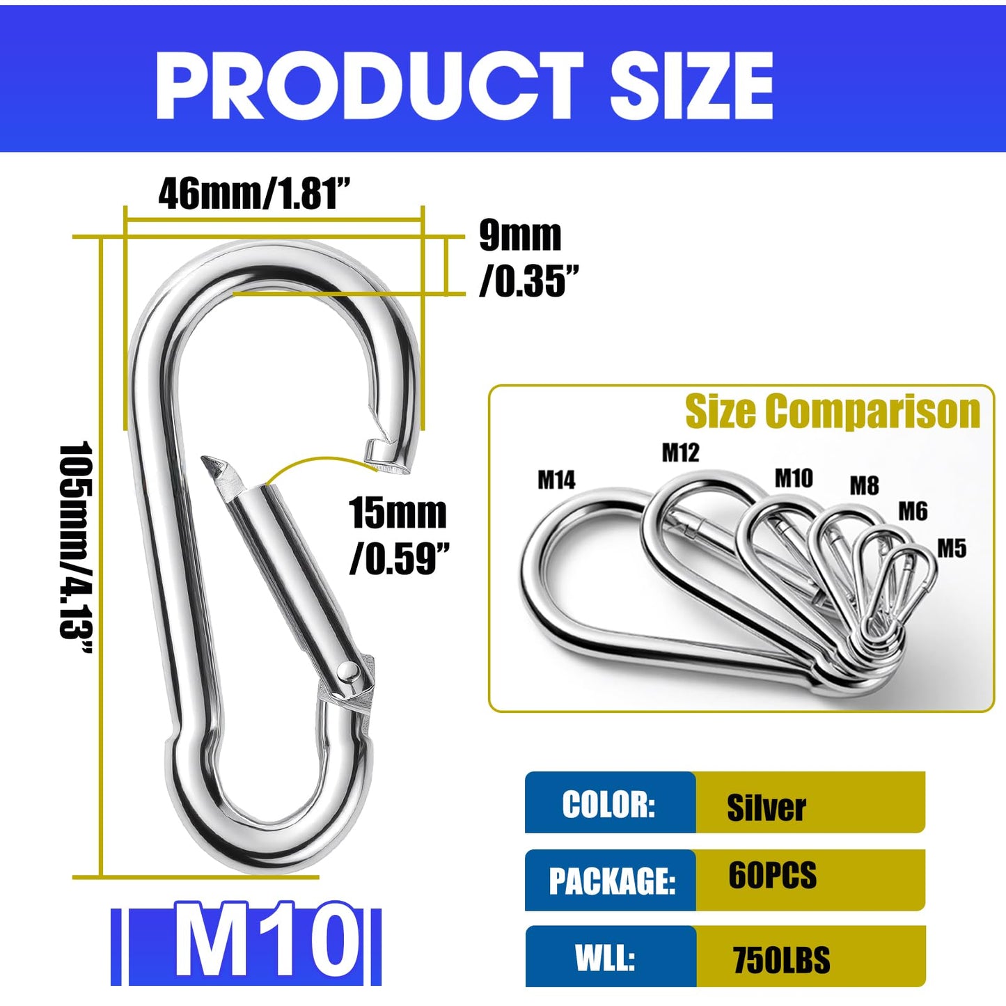 60 Pack Heavy Duty Carabiners, 3/8” Spring Snap Hook Carabiner for Heavy Uses, 4-Inch Snap Hooks Large Carabiners Clips Chain Links Safety Buckle Connector for Swing Hammock Fitness Gym Outdoor Indoor