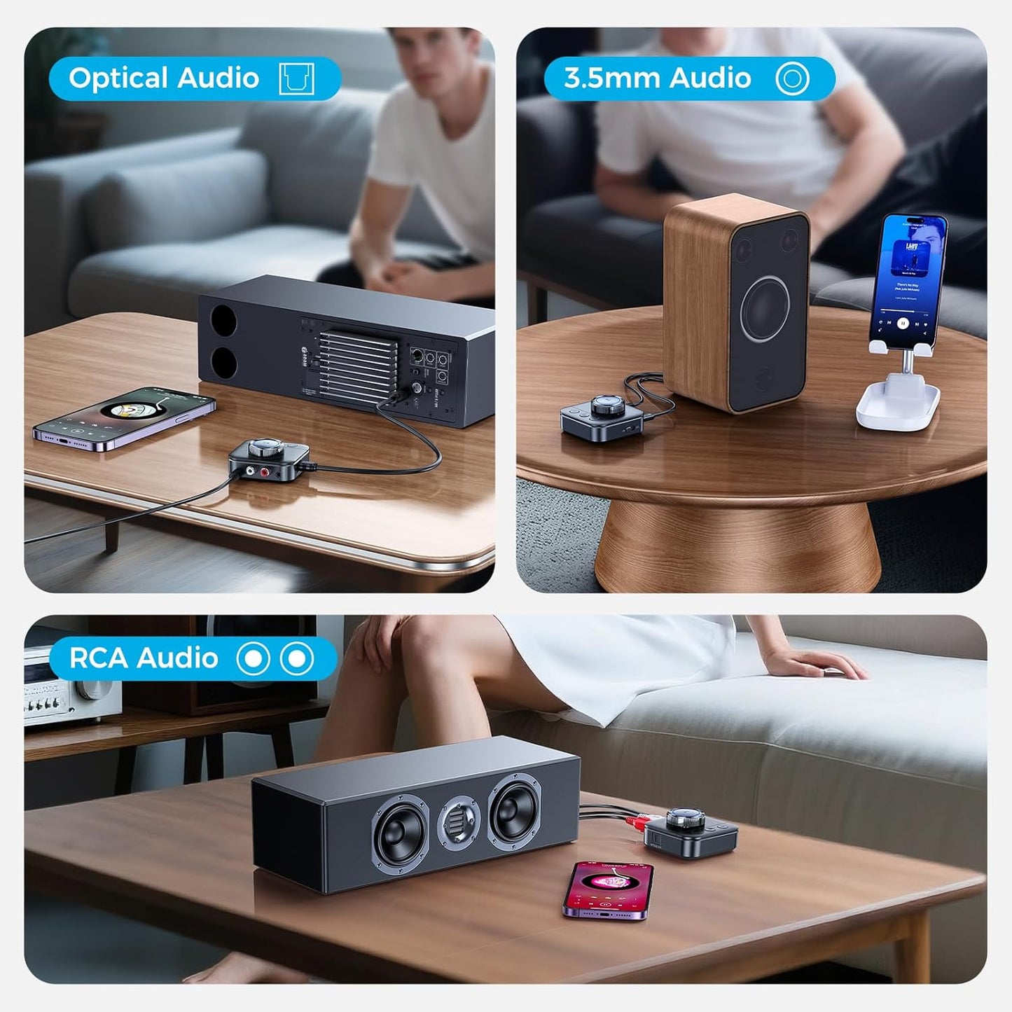 QwickZen 5.3 3D 3.5mm, Bluetooth Receiver for Home Stereo, RCA Bluetooth Adapter for Surround, Support Optical, AUX RCA