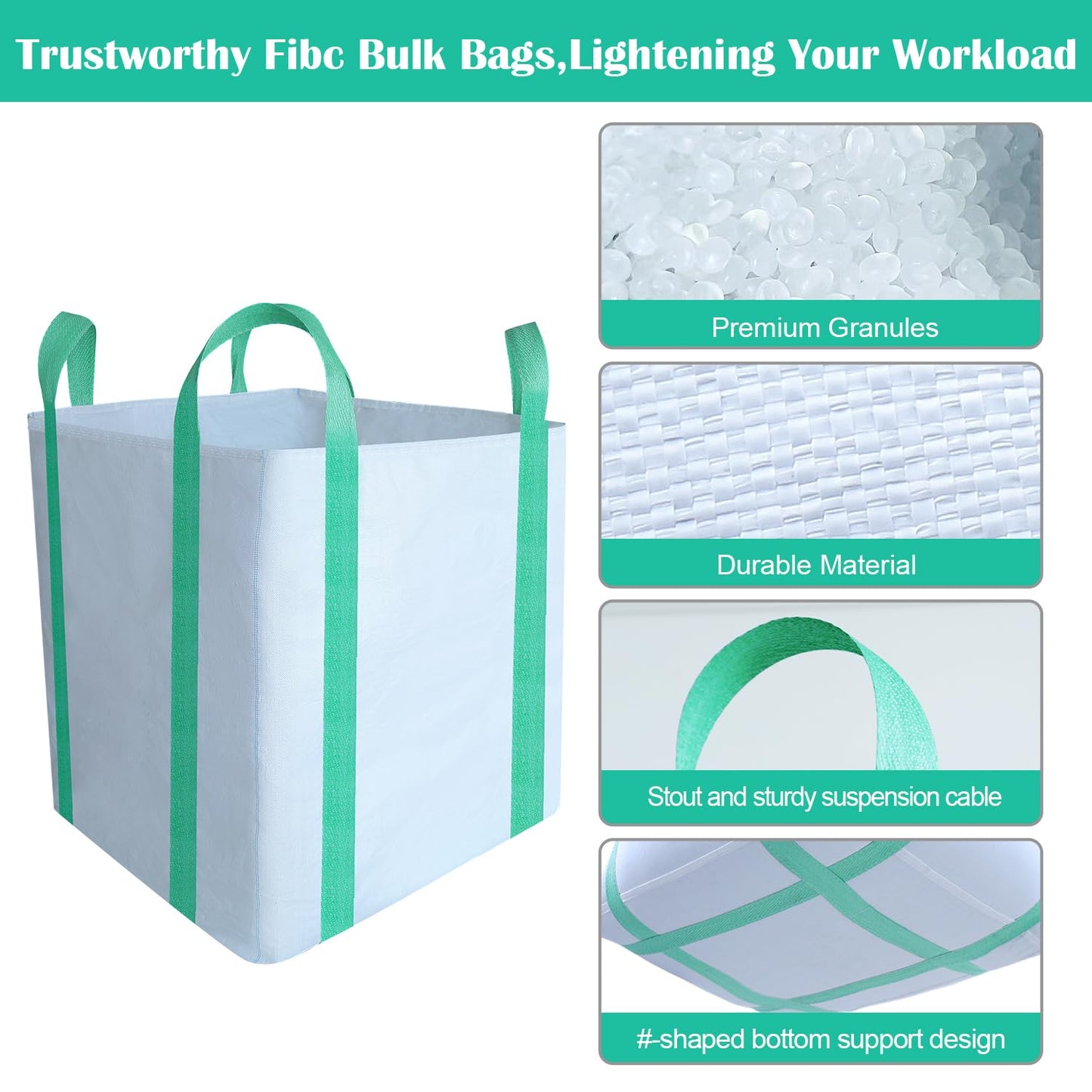 10 Pack FIBC Bulk Bag,2 Ton Bag,35"L x 35"W x 43"H,4400 lbs SWL,Duffle Top Flat Bottom,Four Loop Fibc Big Bags,Heavy Duty Bulk Bags for Industry Agriculture Construction