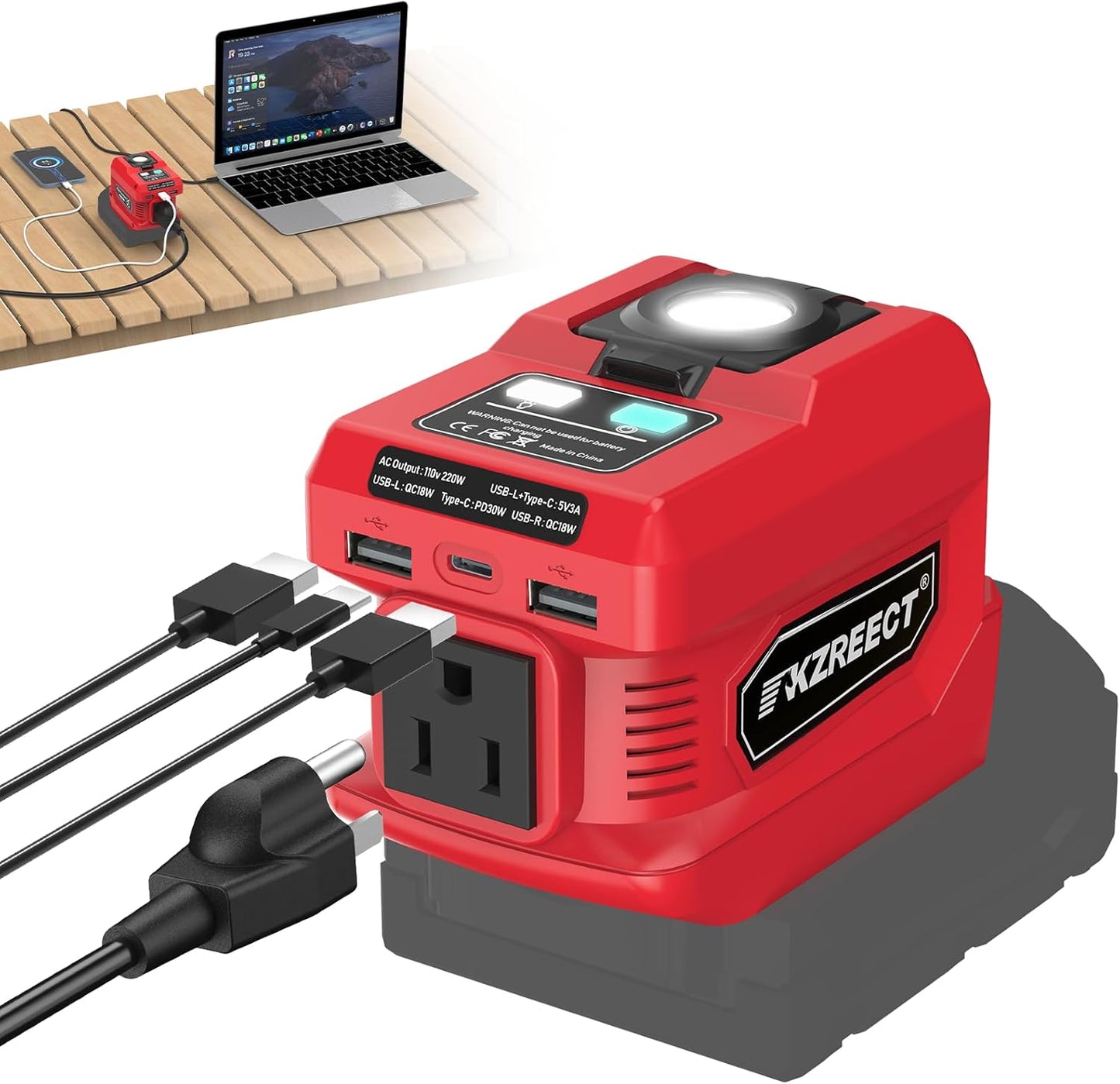 Kzreect 220W 18V 110V 1 400LM Power Inverter Compatible with Milwaukee Batteries (Battery Not Included), DC to AC