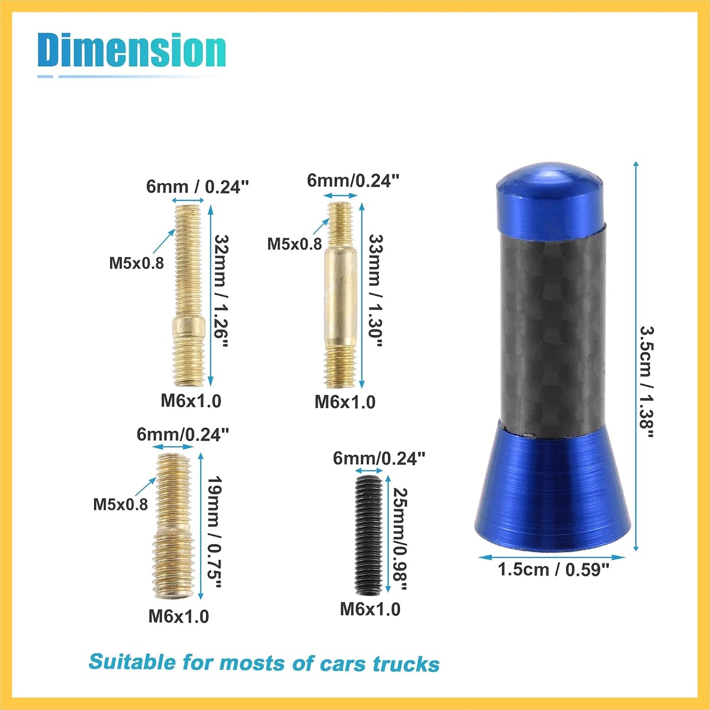 REPAIROCK 1 Set 3.5cm 1.38 Inch Car AM FM Radio Signal Antenna Mast Universal Blue Carbon Fiber Pattern Black Auto