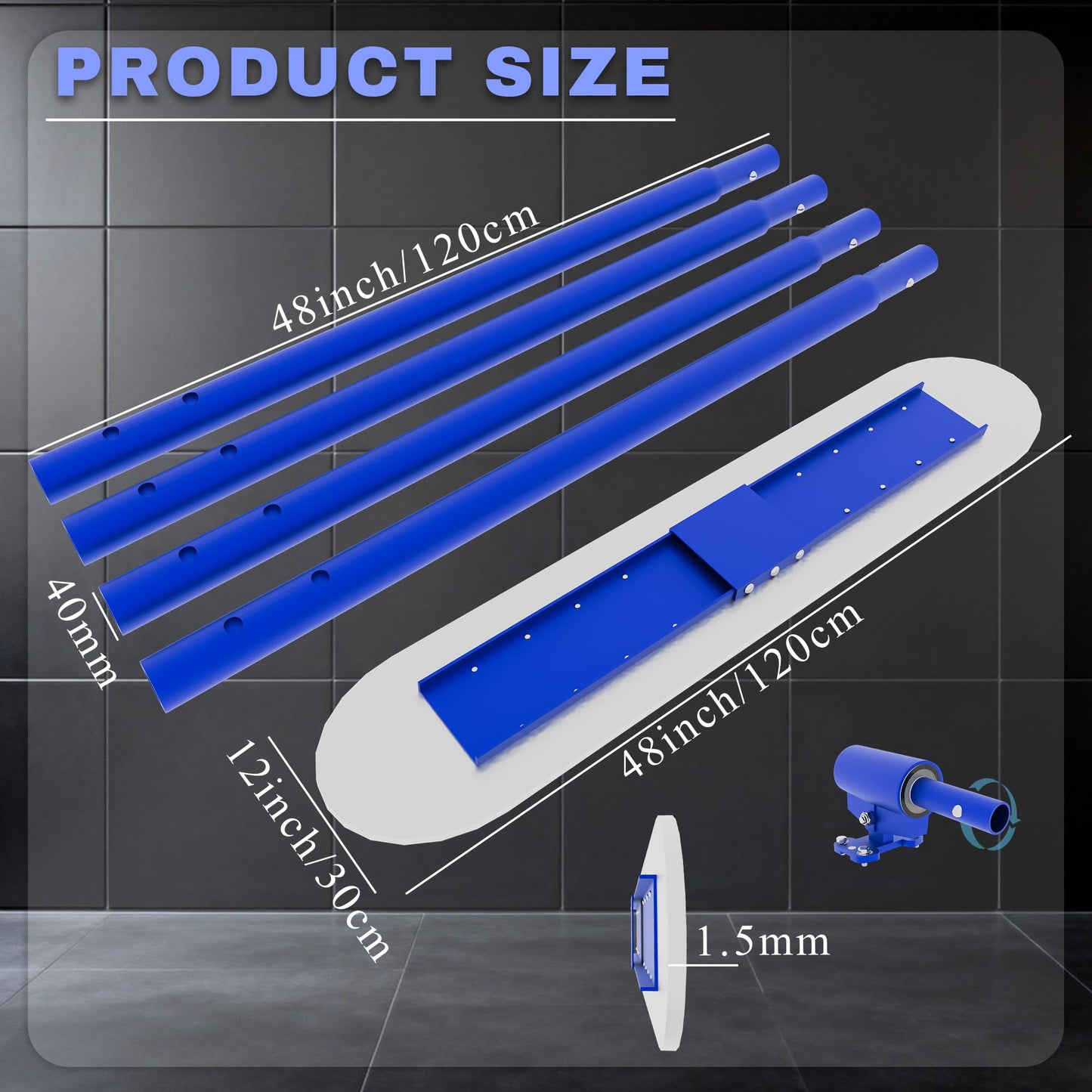 48" x 8" Concrete Bull Float Kit, Stainless Steel Round End Finishing Trowel with 47'' Adjustable Handle, Heavy Duty Concrete Smoothing Tool for Cement, Driveway, Patio