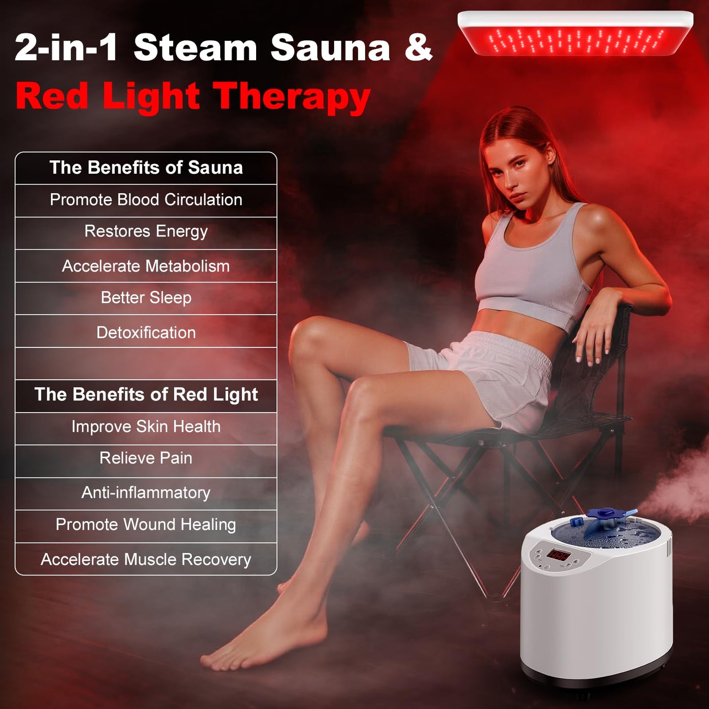 I-THERA-U XL Infrared Sauna Box with True 660 & 850nm Red Light Therapy Lamp, Portable Red Light Sauna for Home, Full Body Steam Tent with 3L 1200w Steamer, 15 Levels Heat, Chair, Remote
