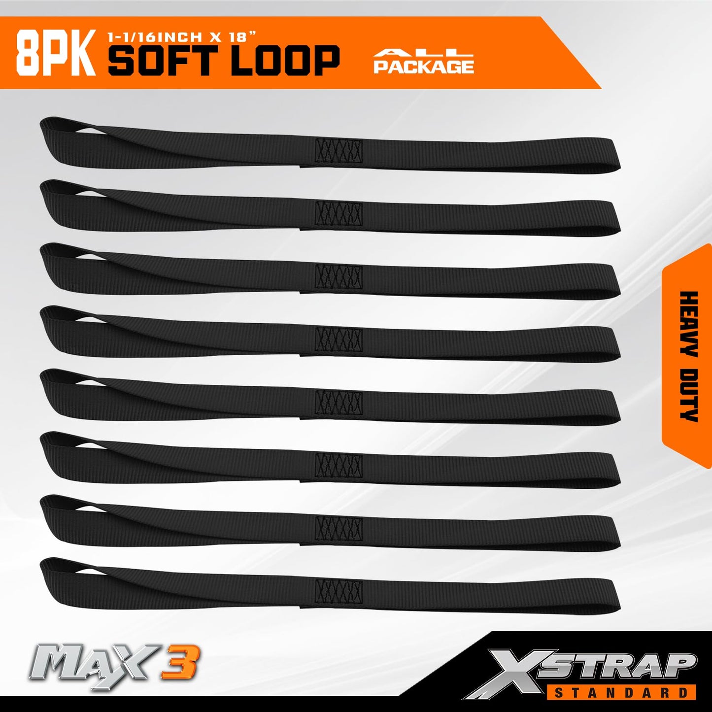 XSTRAP STANDARD Soft Loop Tie-Down Straps 8PK 1-1/16 x 18 inches - 3600LB Breaking Strength, Loops for Securing Trailering of Bikes, ATV, UTV, Motorcycles, Scooters, Dirt Bikes, Lawn Equipment, Black