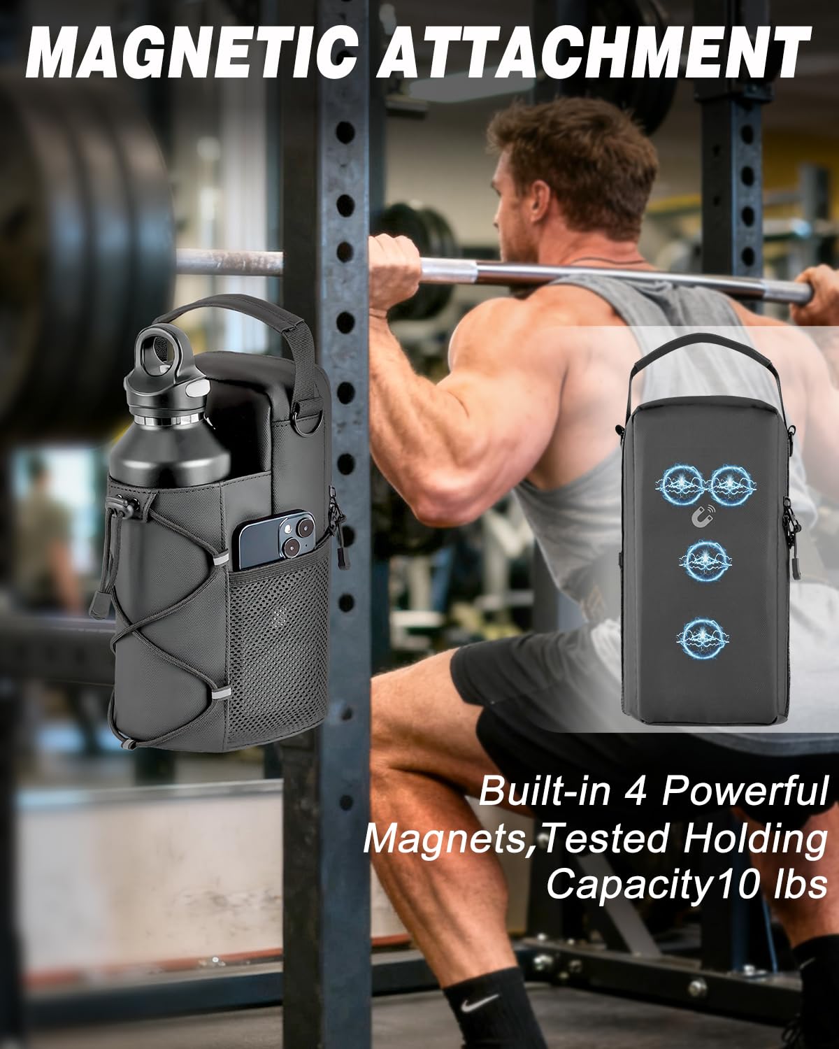 MONAHITO Magnetic Gym Bag for Men - Water Bottle Carrier Holder Bag with Shoulder Strap, 4 Built-in Magnets Gym Gifts for Men