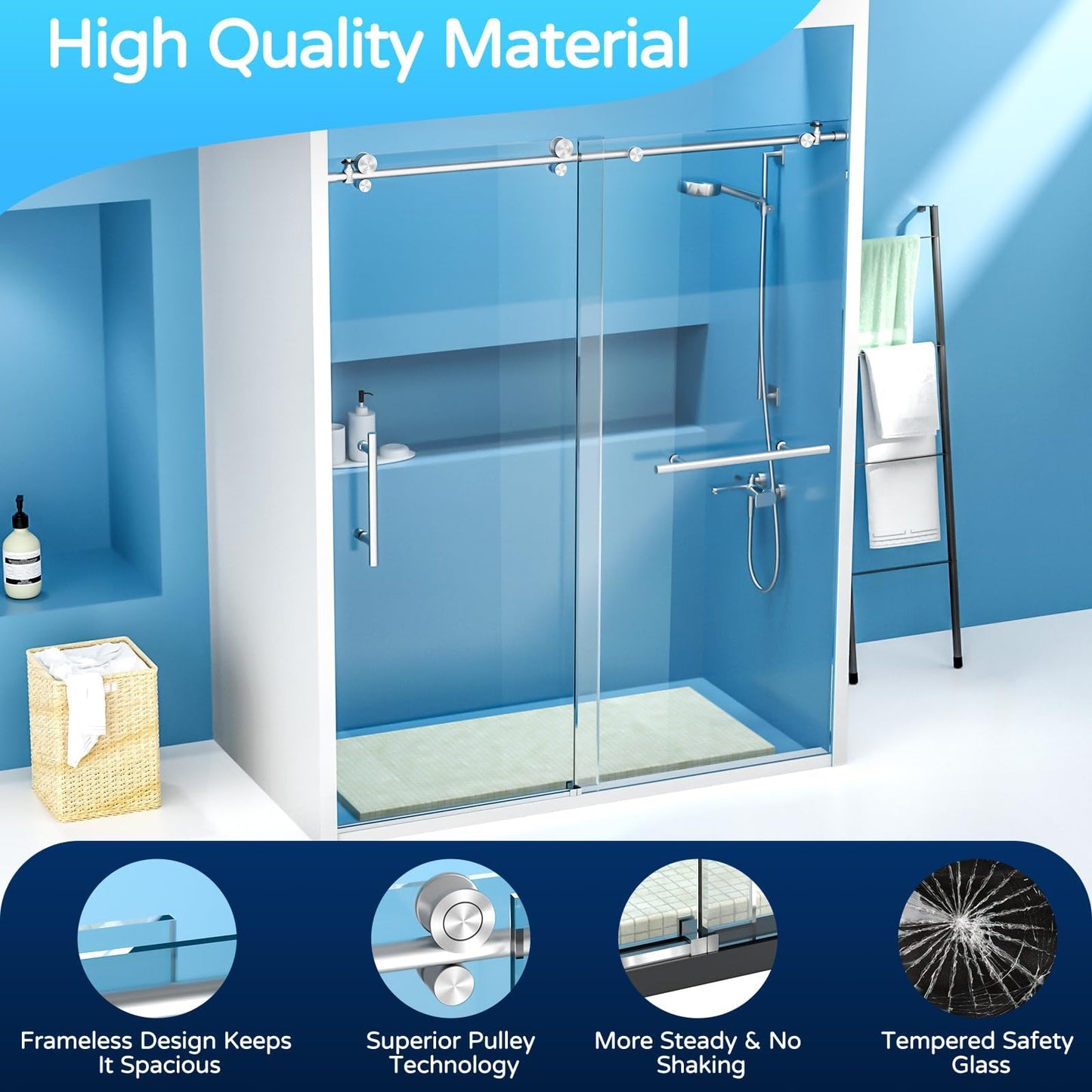 POTOUZHI Shower Door 60" W x 74" H Frameless Sliding Shower Door, Shower Glass Door with 1/4 Inch Clear Tempered Glass, Explosion-Proof Film, Stainless Steel Hardware, Brushed Nickel