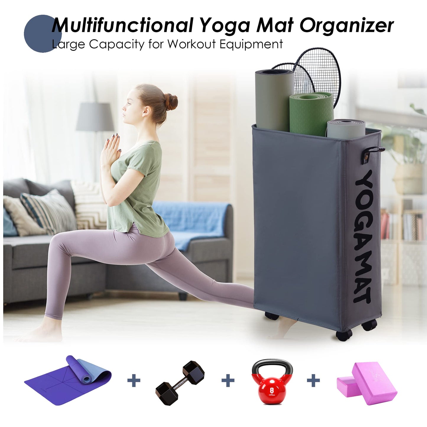 Caroeas 22 inches Yoga Mat Storage Basket, Large Yoga Mat Holder Accessories, Home Gym Equipment Storage Yoga Mats, Women Men Workout Equipment Organization with 4 Wheels, Dark Gray