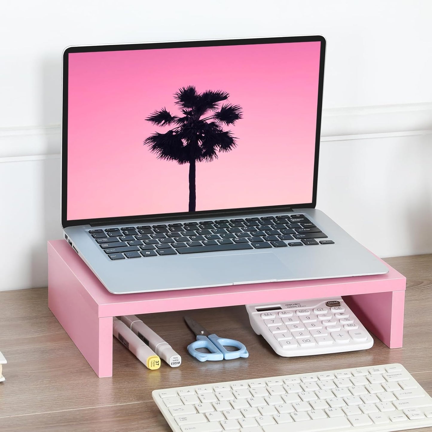(Pink-14.2 inch) TEAMIX Pink Monitor Stand Riser, Wood Monitor Riser with Storage for Desk Small Monitor Stand