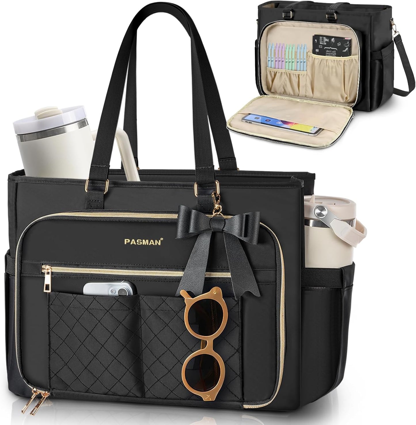 Teacher Tote Bag for Women,Multi-Pocket Laptop & Nurse Work Bag with Cup Holder,Structured Business Briefcase Computer
