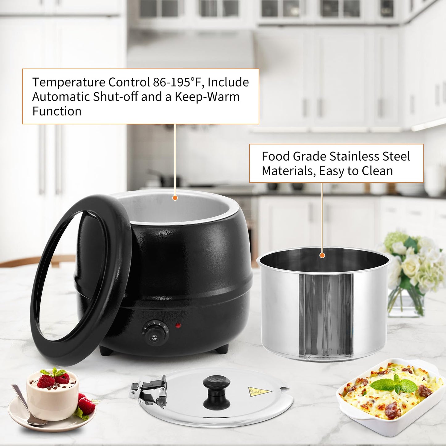 13.7 Quarts Commercial Soup Kettle, Large Capacity Soup Warmer with Stainless Steel Removable Insert Pot, Hinged Lid & Stable Base, Automatic Food Warmer for Buffet, Party, Catering, Restaurant