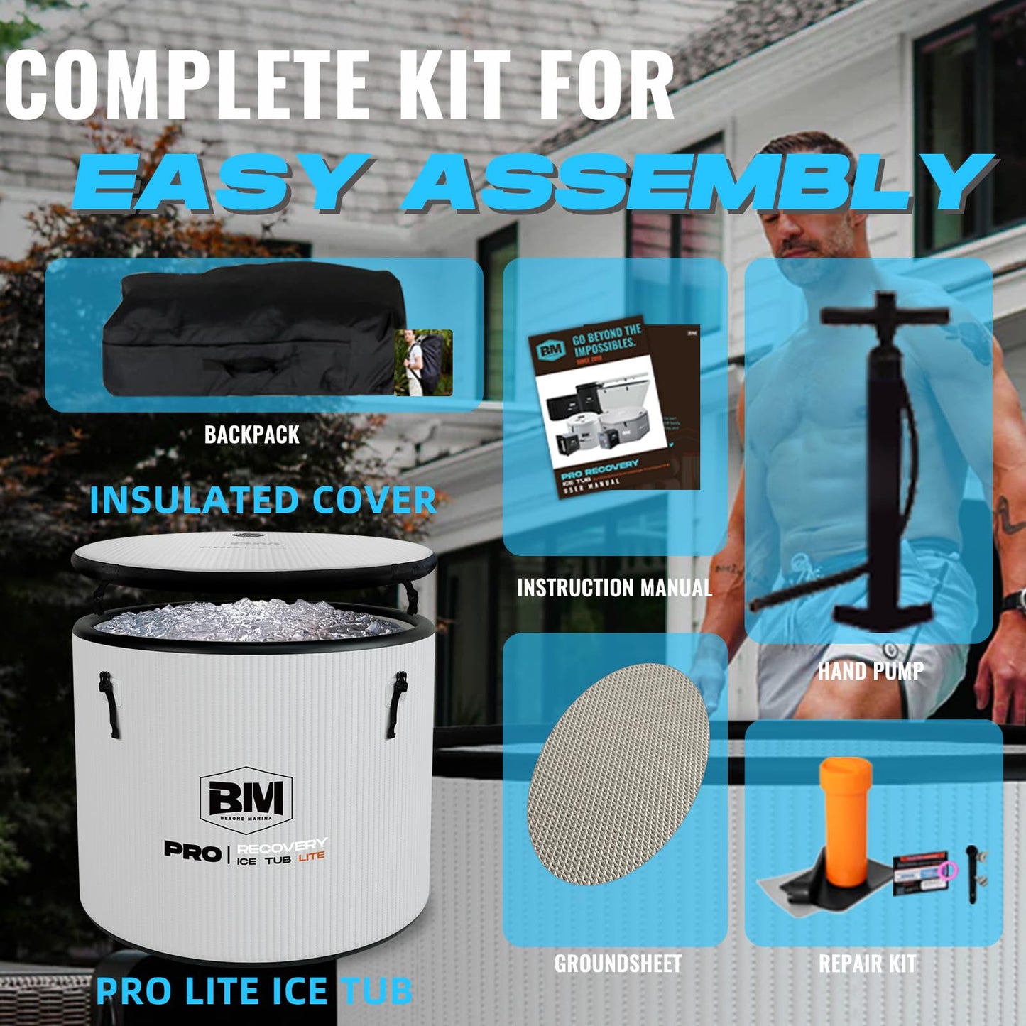 Inflatable Ice Bath Tub for Athletes, Cold Plunge Recovery Tub with Insulated Lid, EVA Groundsheet, Backpack, 140 Gallon Capacity, 37.4" x 37.4" x 29.53", Portable Durable Design