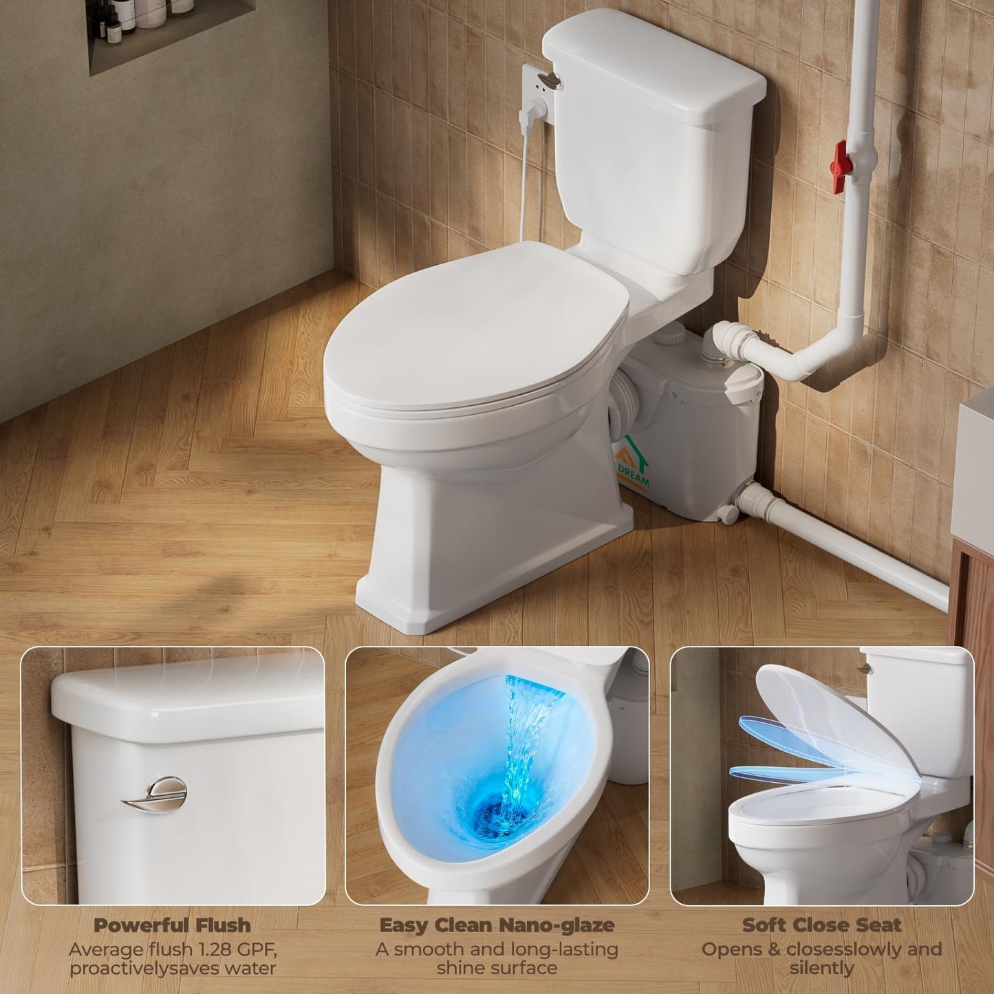 Macerating Toilet with Pump–Upflush Toilet System for Basement/Attic, 4 Water Inlets & AC Vent, 36ft Vertical Lift, Dual Flush, Easy Install,17.7" Elongated Bowl