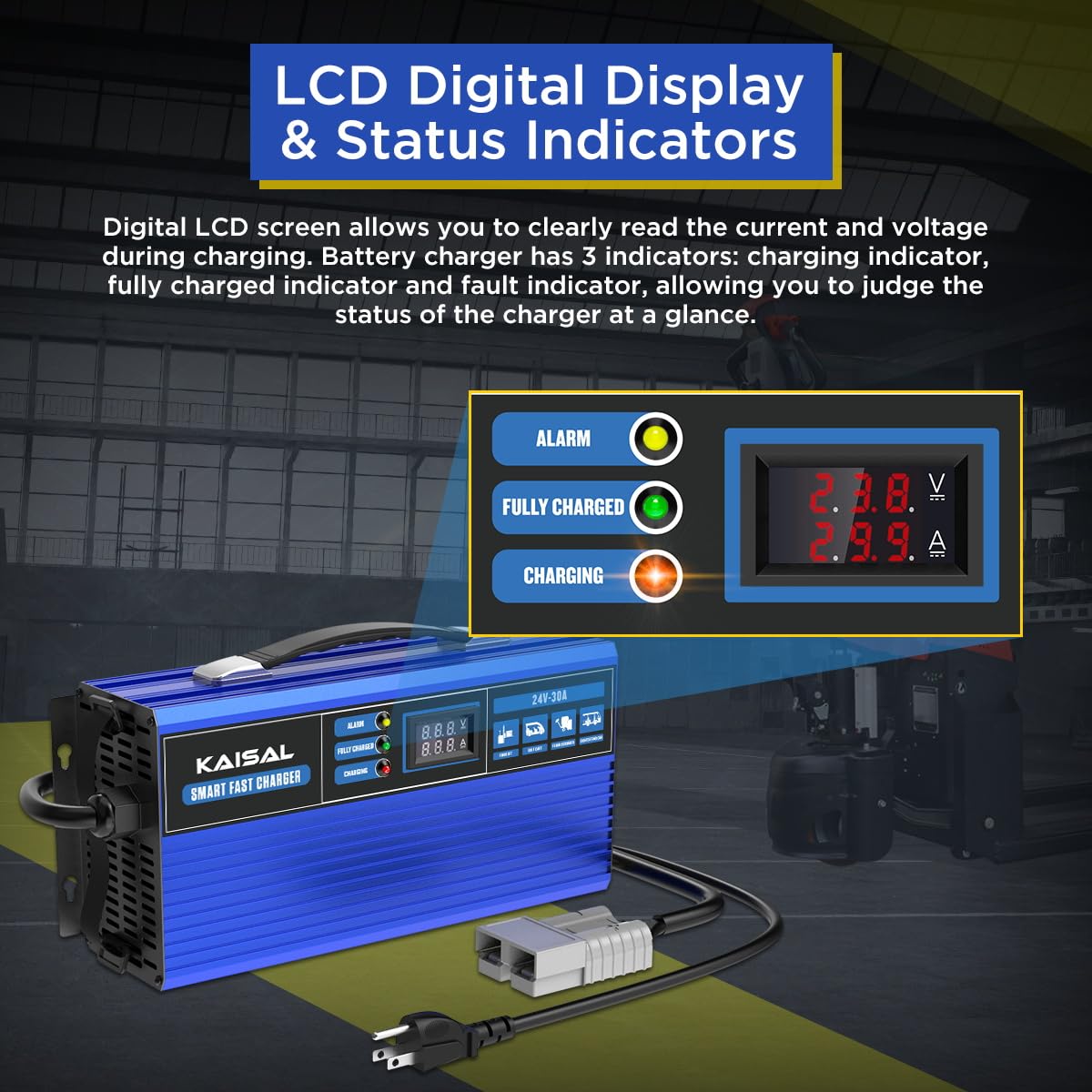 Forklift Battery Charger 24V 30A Smart 24 Volt Charger 900W Fully-Auto LCD Display Pallet Jack Battery Charger 7 Protections Trickle Charger for 24V Electric Pallet Jack & Forklift & Floor Scrubber