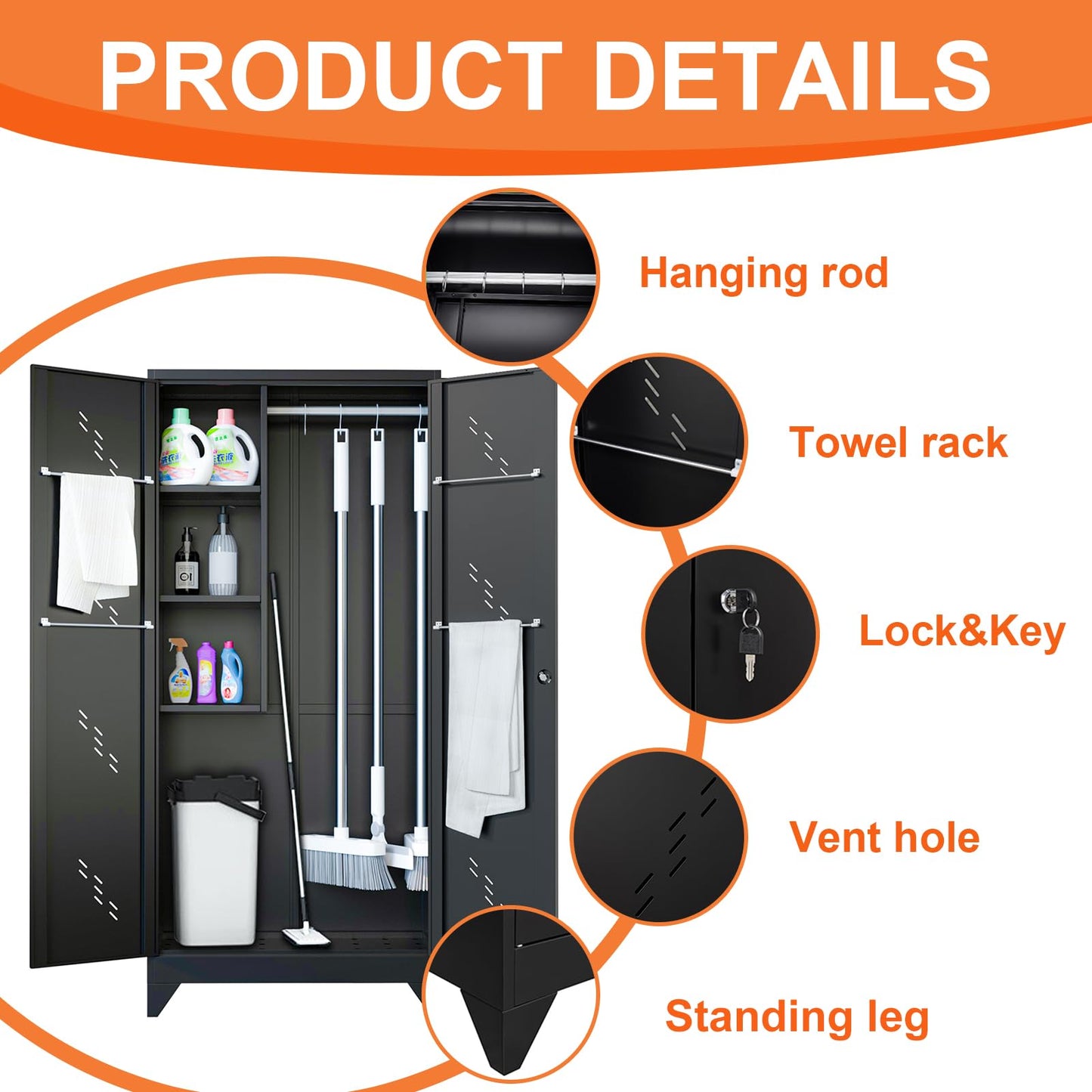 CBNTKI 75" Metal Garage Storage Cabinet, Cleaning Tool Storage Cabinet, Utility Garage Storage Broom Closet with Doors, Hanging Rod (Black, Door-2)