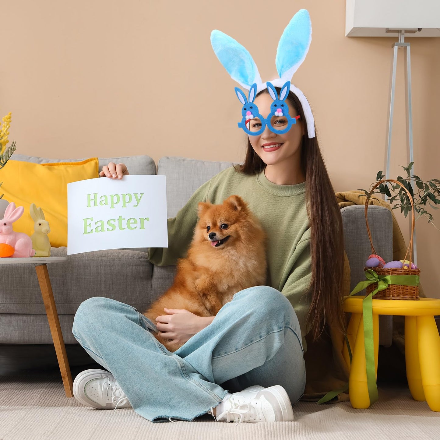 Seenelling 48 Pcs Easter Headbands and Glasses Set, Bunny Ears Bulk with Cute Bunny Glasses, Plush Spring Costume for Adults Easter Photo Props Party Favors