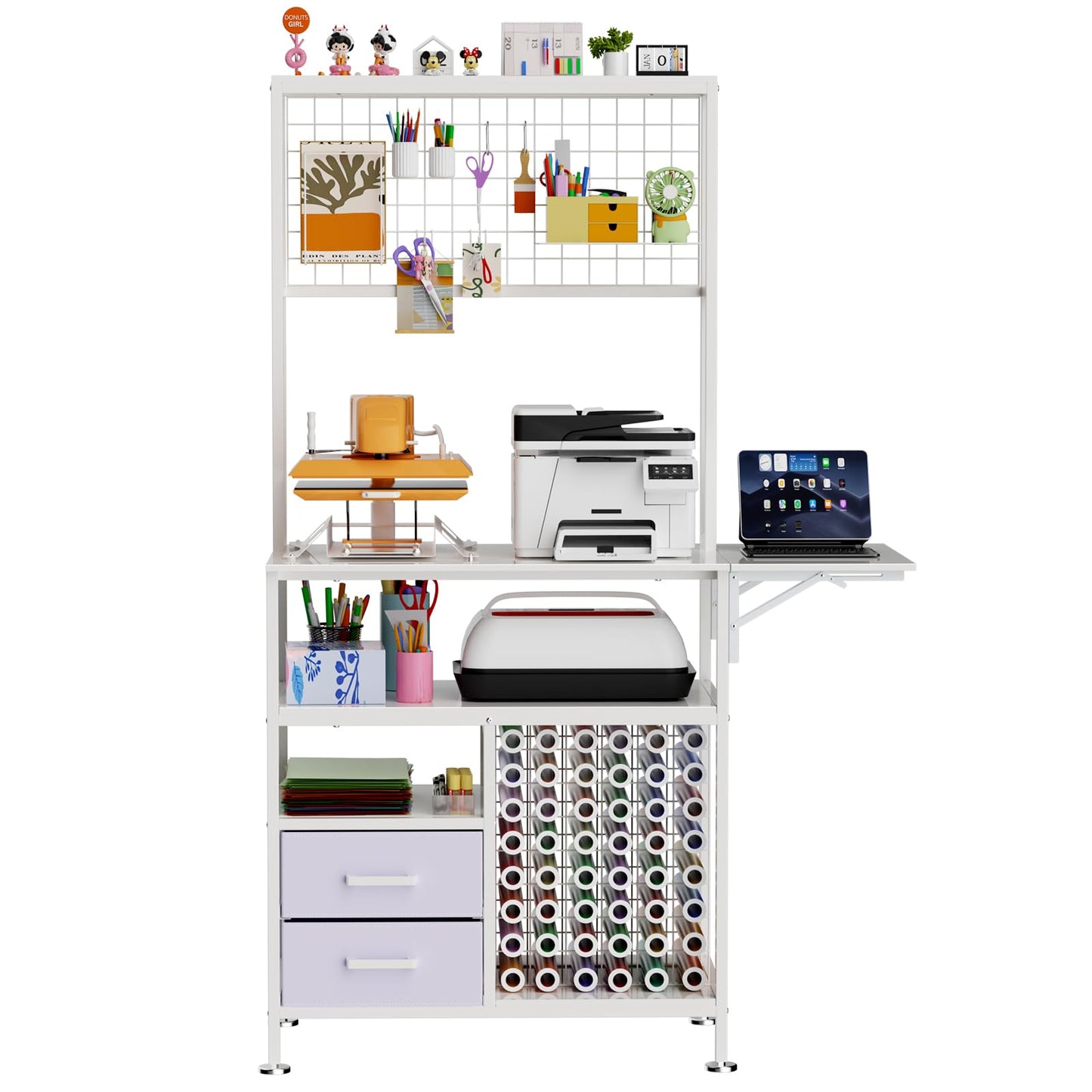 KEIKI Large Foldable Heat Press Table with Storage and Pegboard, Rolling Heat Press Stand with Vinyl Holder and Drawer, Heavy Duty Metal Craft Workbench for Sublimation Transfer, White