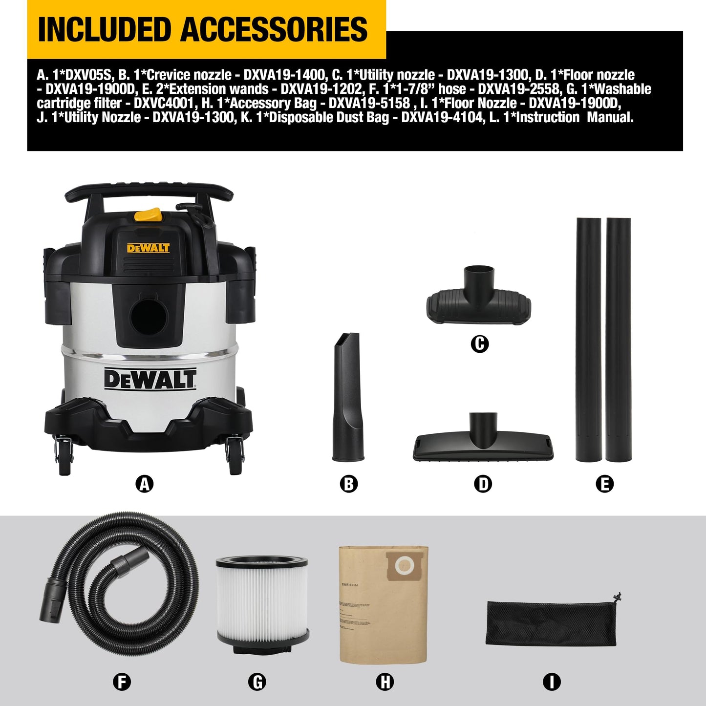 DEWALT DXV05S 5 Gallon Stainless Steel Wet/Dry Vac, 4 Peak HP Shop Vacuums with Attachments, Powerful Suction, 1-7/8" Hose, DXV05S, Silver