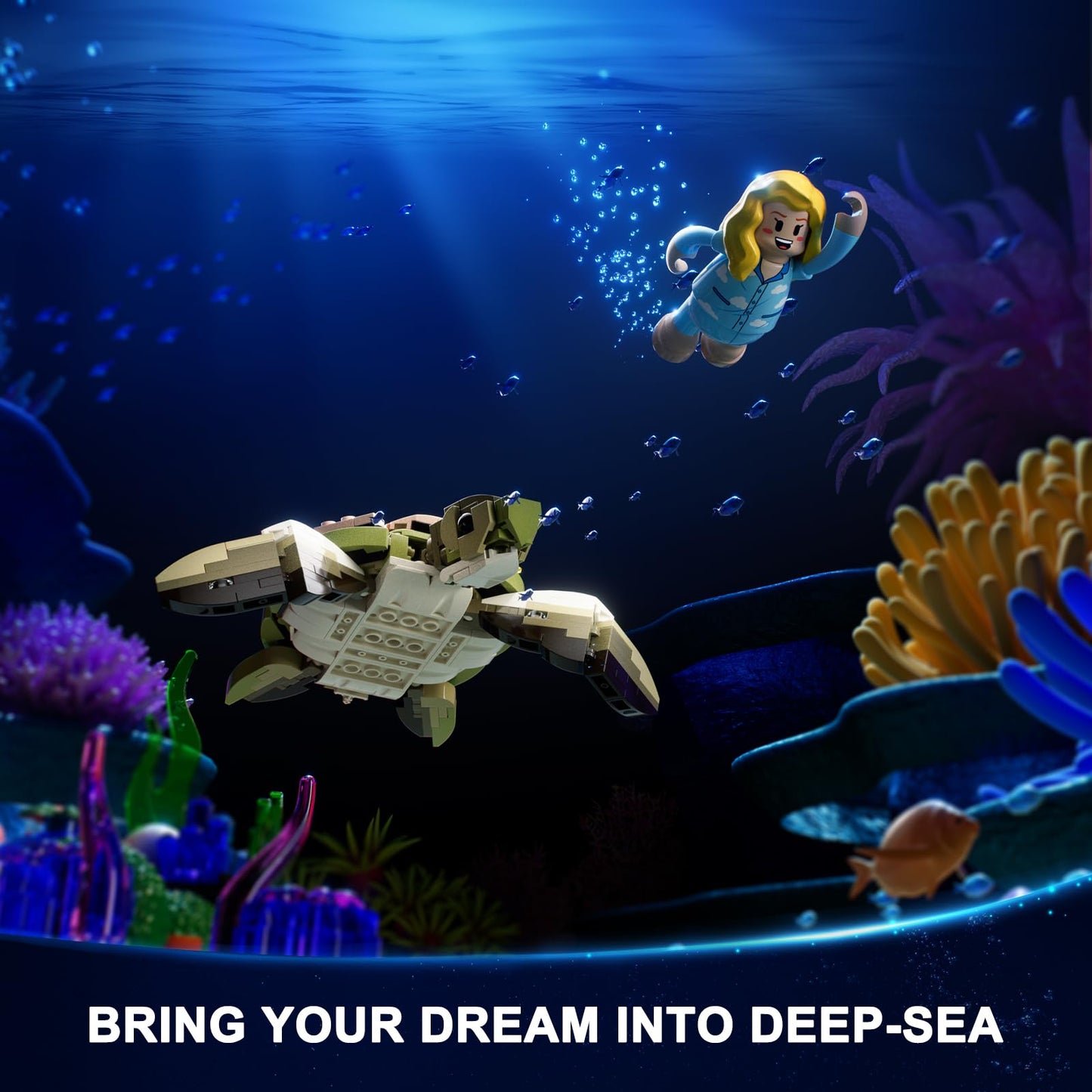 FUNWHOLE Turtle Reef Dream Lighting Building-Bricks Set - 835 Pcs Ocean Plants Collection Ideas Set for Adult and Teens