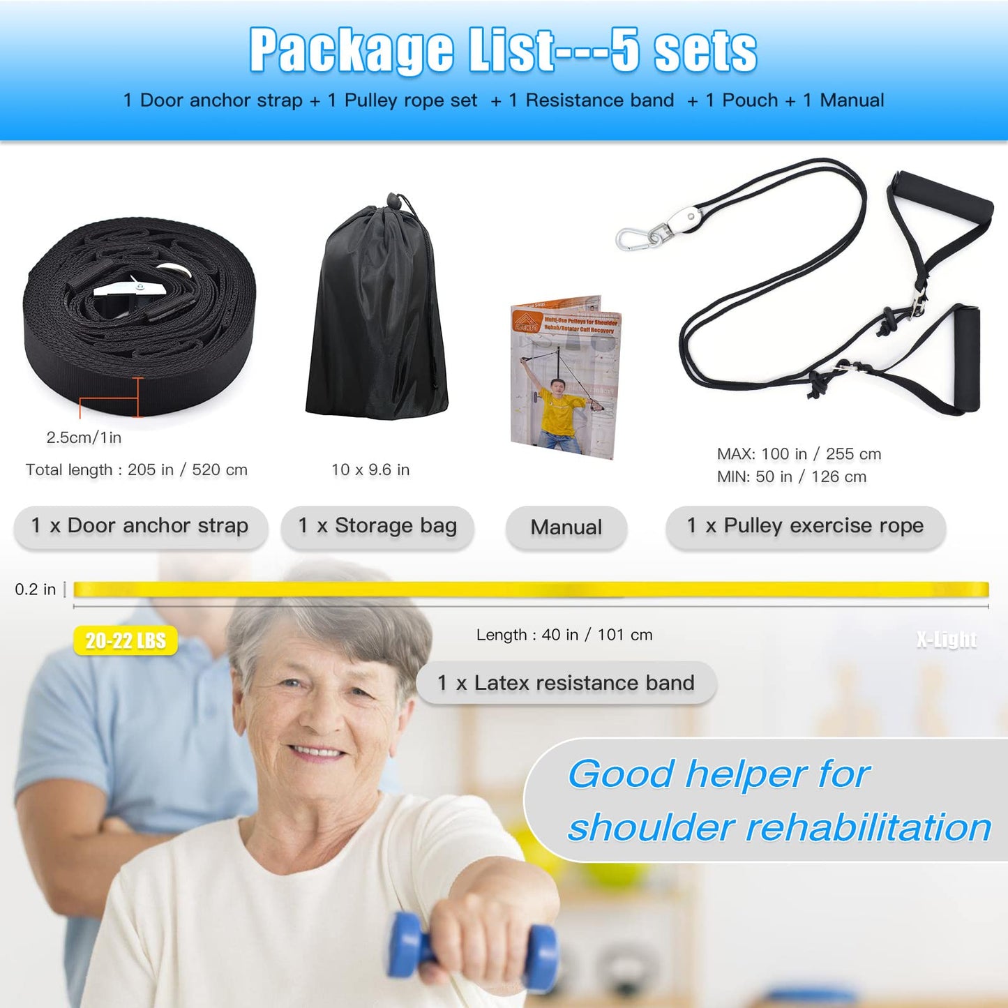 ATENTO Shoulder Rehab Pulley System with Foam Handles│Arm Pulley with Muti-Anchor Door Strap for Physical Therapy Exercises │Latex Resistance Bands for Assisting Rotator Cuff, AC Joint, Shoulder Pain