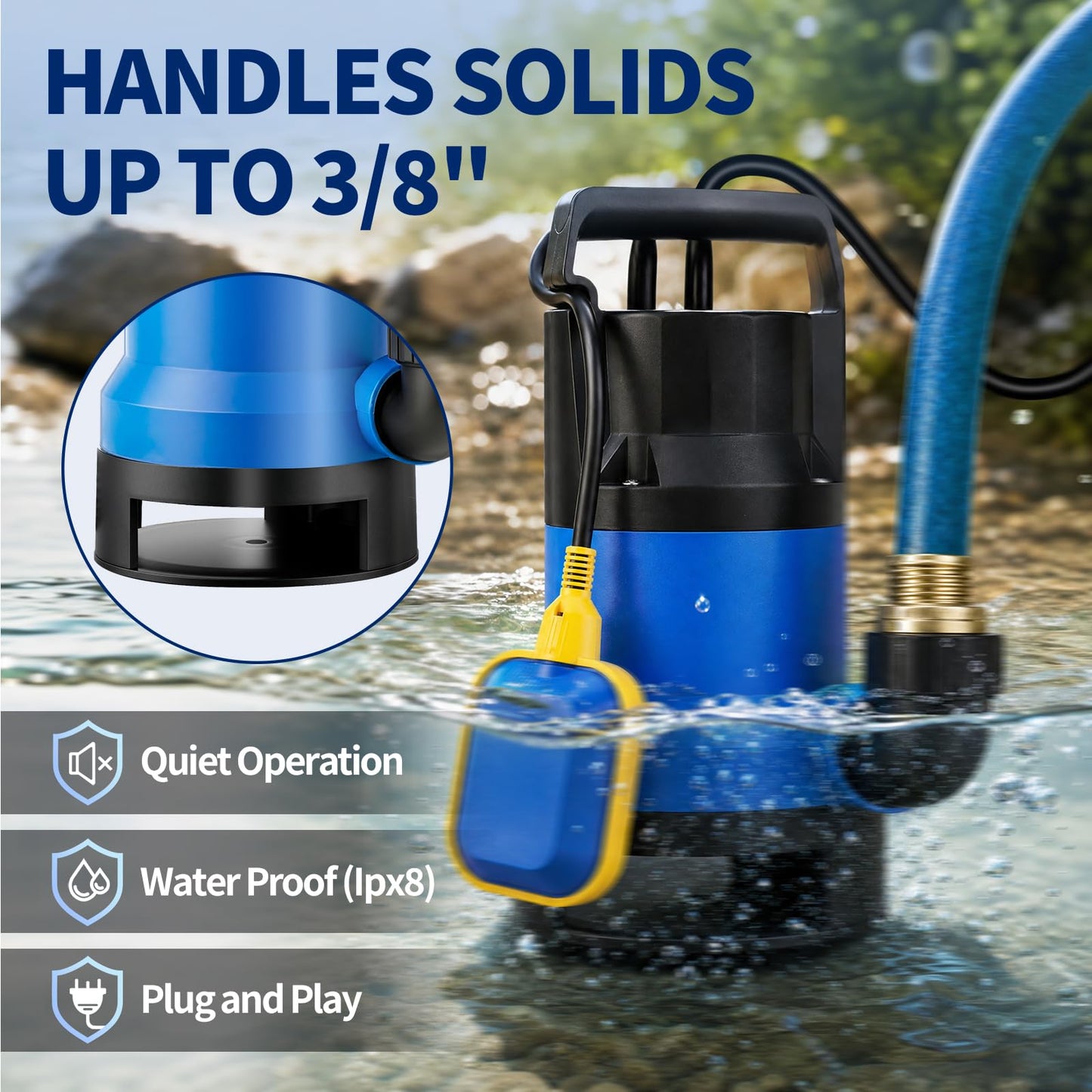 Poofata 1.1HP Submersible Sump Pump, 4600 GPH Electric Water Pump with Automatic Float Switch, Portable Utility Pump for Pool Draining, Basement, Outdoor Ponds, 16 FT Cord