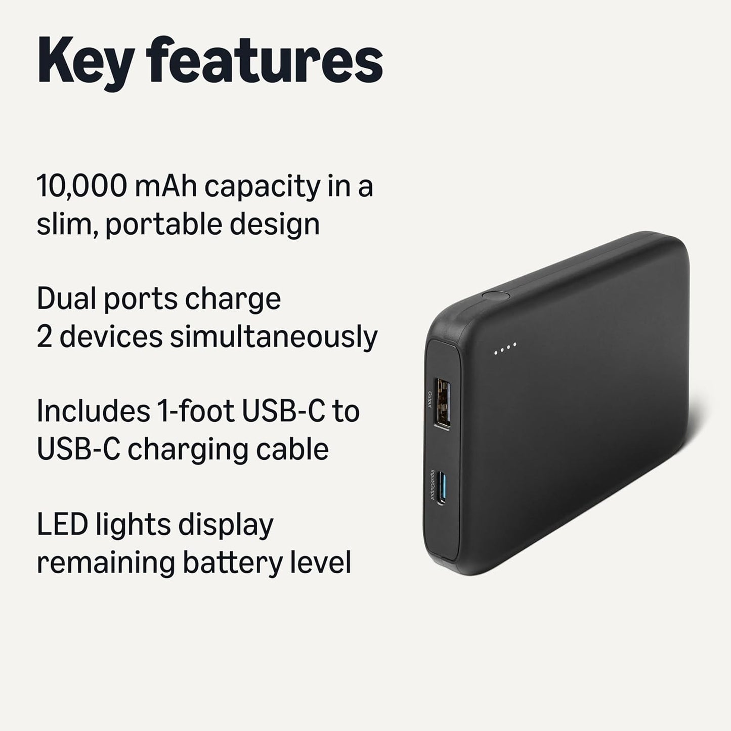 Amazon Basics 10,000 Slim Portable Charger Power Bank with LED Display, mAh, Black