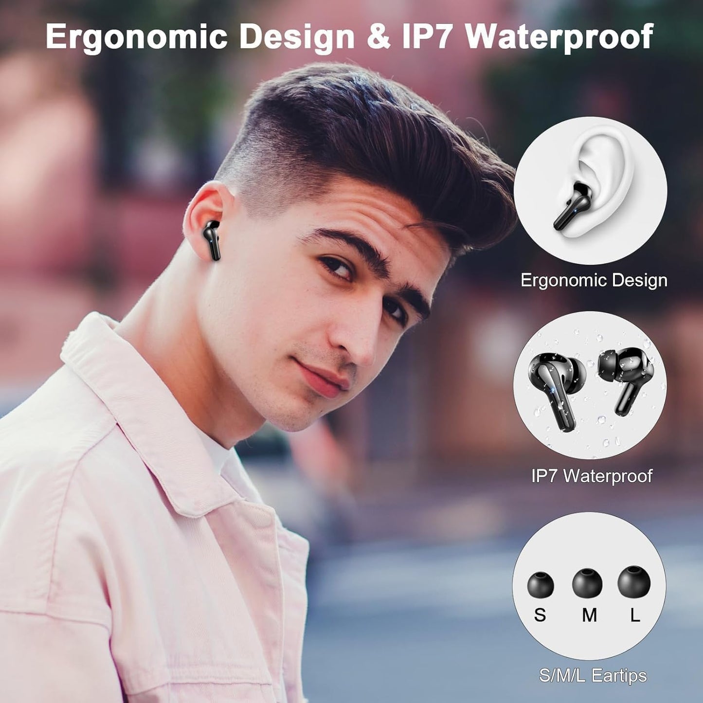5.4 45H IP7 Wireless Earbuds, Bluetooth Headphones with ENC Noise Canceling Mics, in-Ear Earphones Deep Bass Stereo