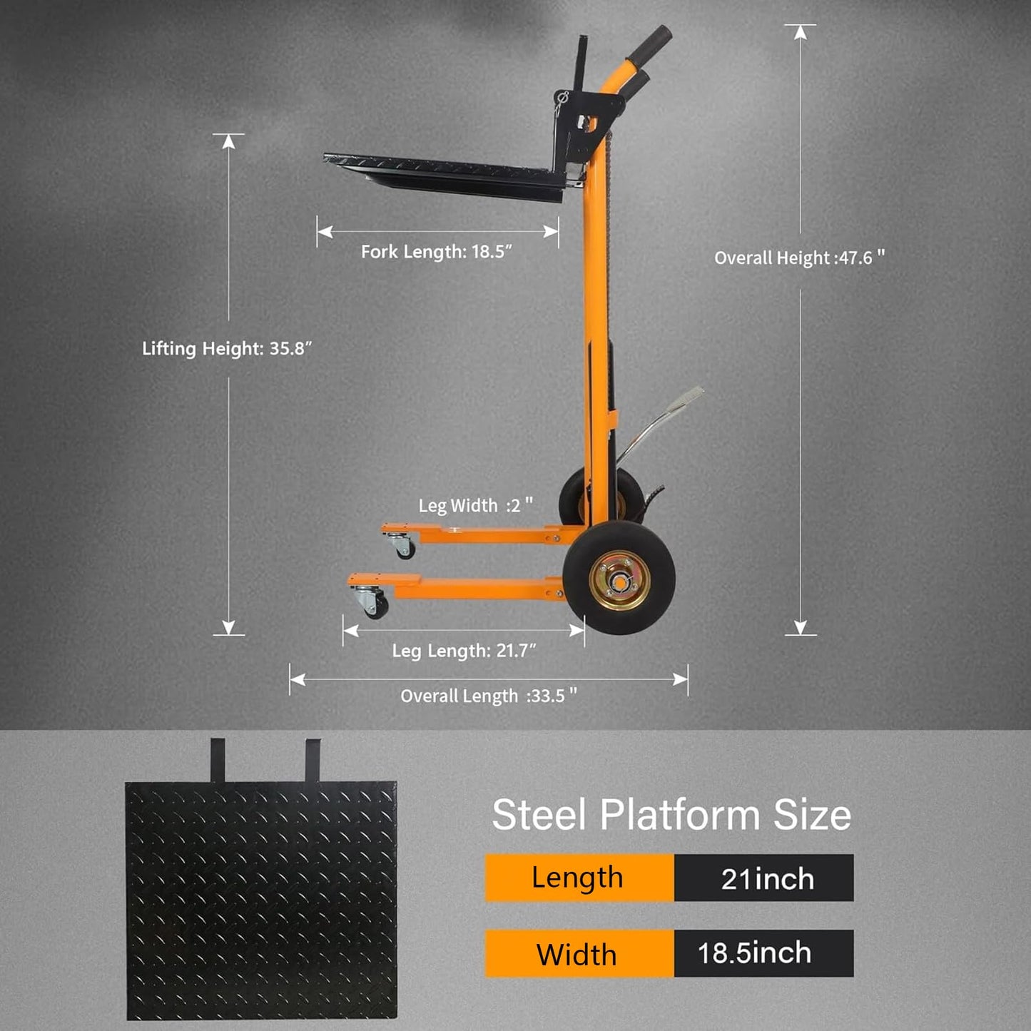 Apollo Material Lift Stacker, Hydraulic Pallet Truck Dolly 440 lbs Capacity, 35.8" Max Lift, Pallet Stacker with Swivel Casters and Steel Platform