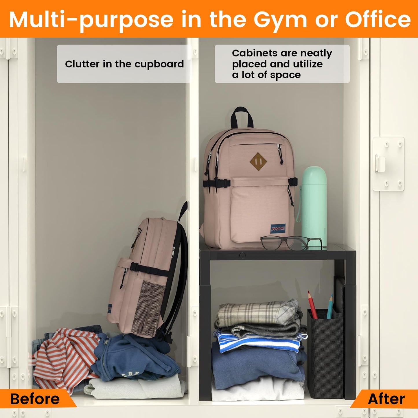 Locker Organizer Shelf, Metal Adjustable Width and Height, Ideal Locker for School, Office, and Gym Lockers, Extends Locker Storage Organization with Pockets, Black