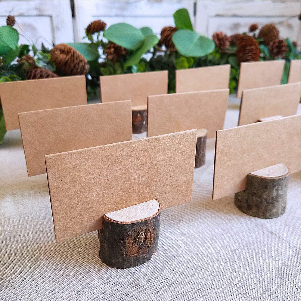 whatUneed 20 Pack Place Card Holders, Rustic Real Wood with Wooden Bark Table Card Holder, Number Photo Stand Place Name Memo Card Holder for Wedding Party (20 Holders+20 Kraft Place)
