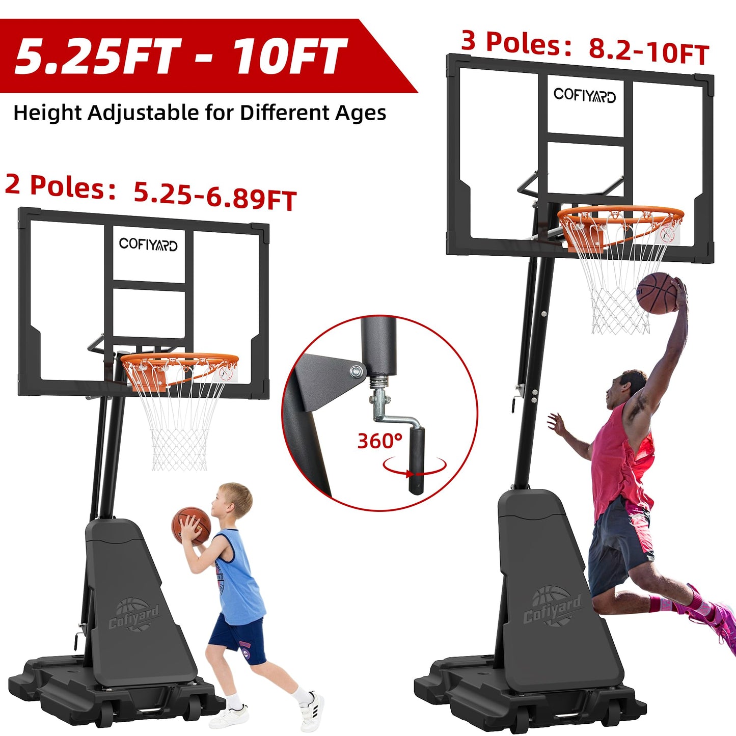 Cofiyard Basketball Hoop Outdoor with 44&48&54In Shatterproof Backboard, 5.25-10FT Height Portable Basketball Hoop with Sandbag, Adjustable Basketball Goal System