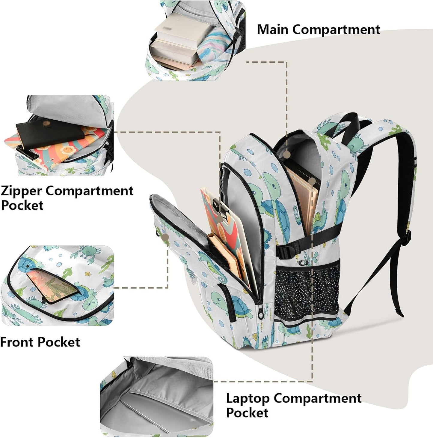 Bolaz Backpack 14 Inch Turtle Seahorse Crab Travel Laptop Computer Bag Sturdy School Bag College Bookbag