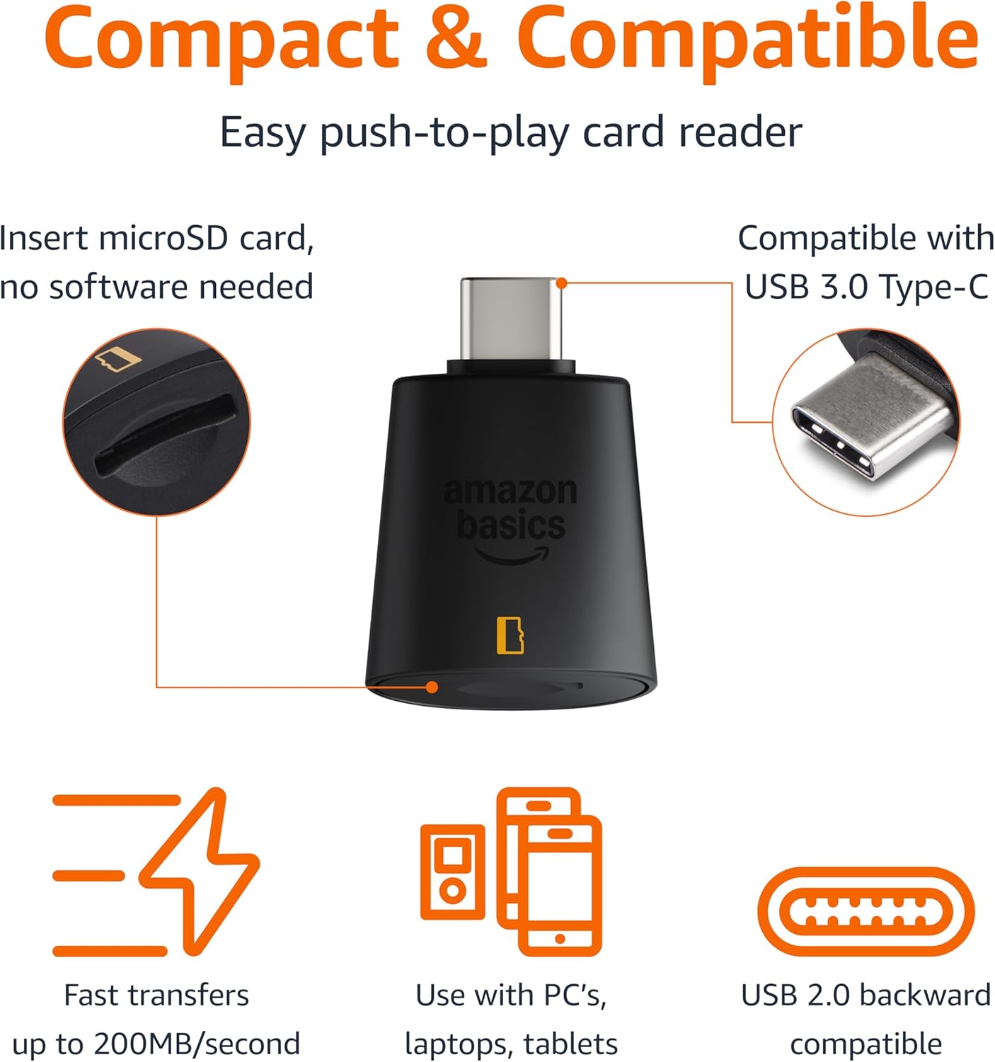 Amazon Basics 3.0, 200MB/s, Micro SD Card Reader USB-C High Speed Data Transfer up to Compatible with Smartphones