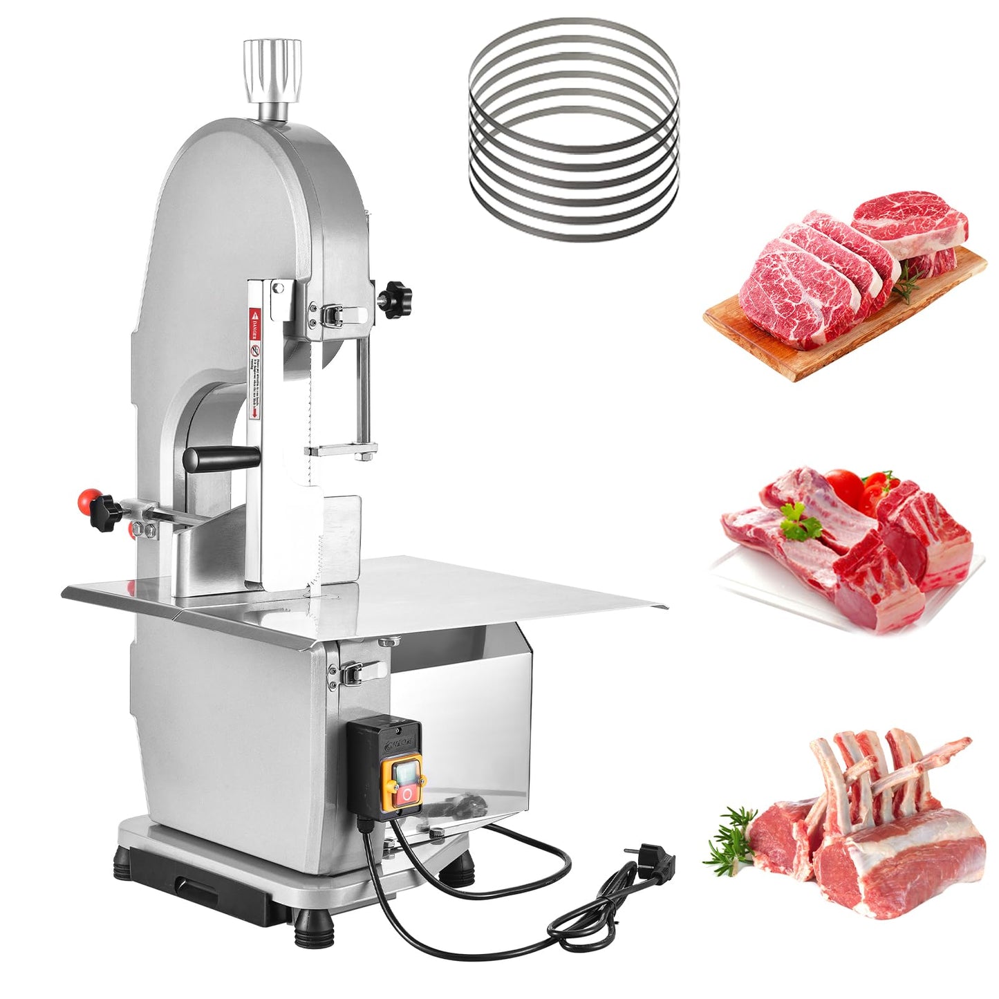 1100W Commercial Electric Meat Bandsaw 110V Electric Bone Saw Machine, Thickness Range 0.16-7.1 Inch, Table Sawing for Cutting Rib, Frozen Meat with 5 Saw Blades and 18.8" x 14.9" Workbench