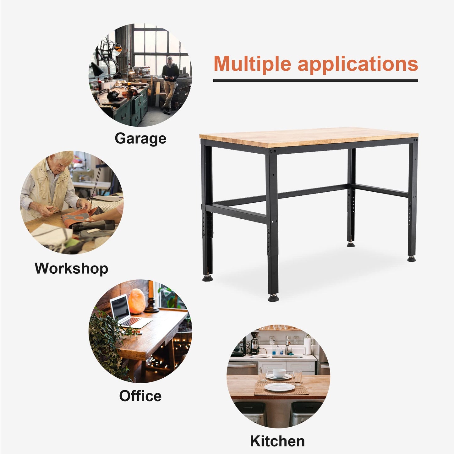 MCombo 48" Adjustable Workbench with Oak Wood Top, Overall Steel Frame Worktable for Garage, Workstation for Workshop and Home Improvement WD48