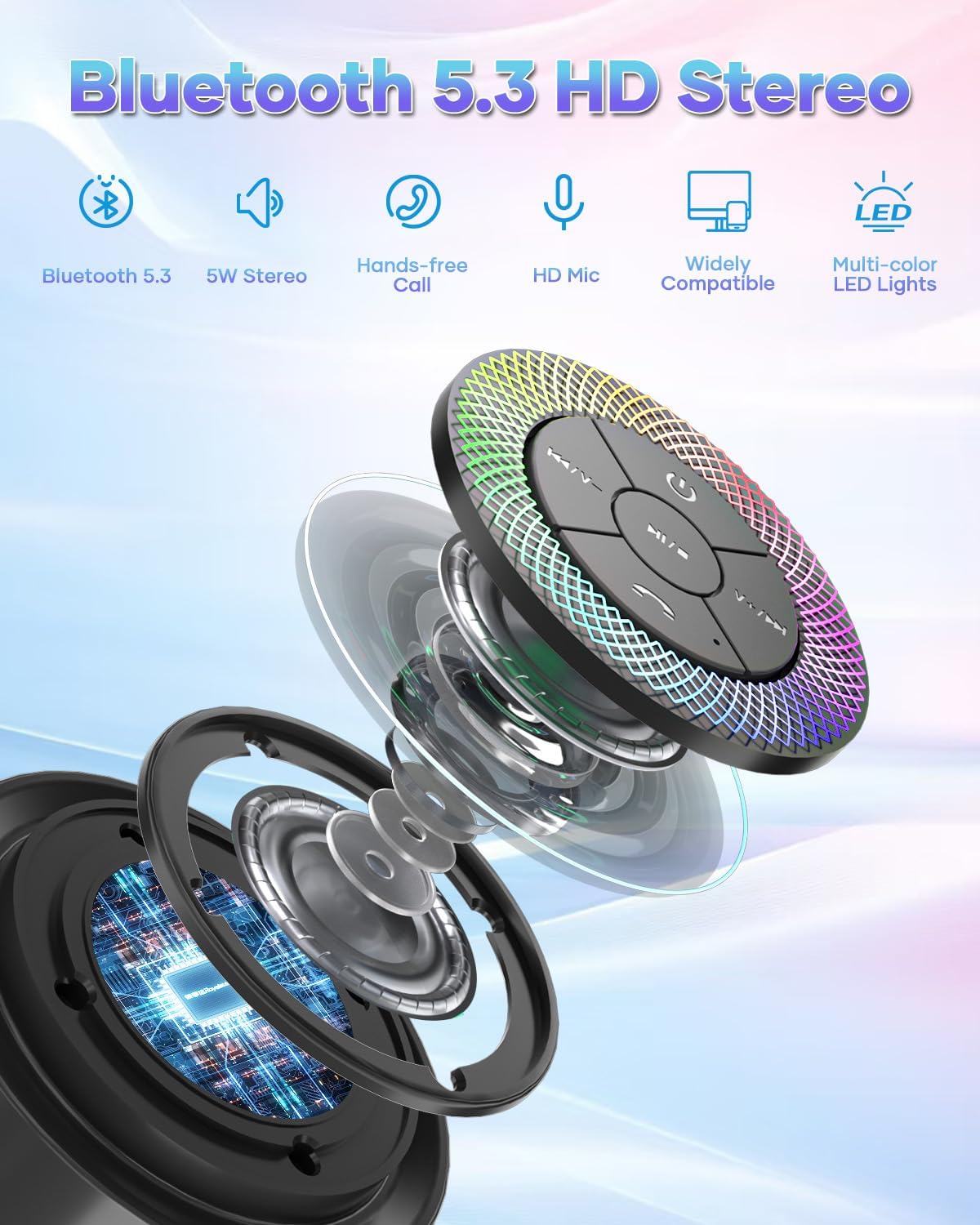 ssouwao IP67 Bluetooth Shower Speaker, Waterproof Portable Speakers with Suction Cup, Lights Show, Built-in Mic, Mini