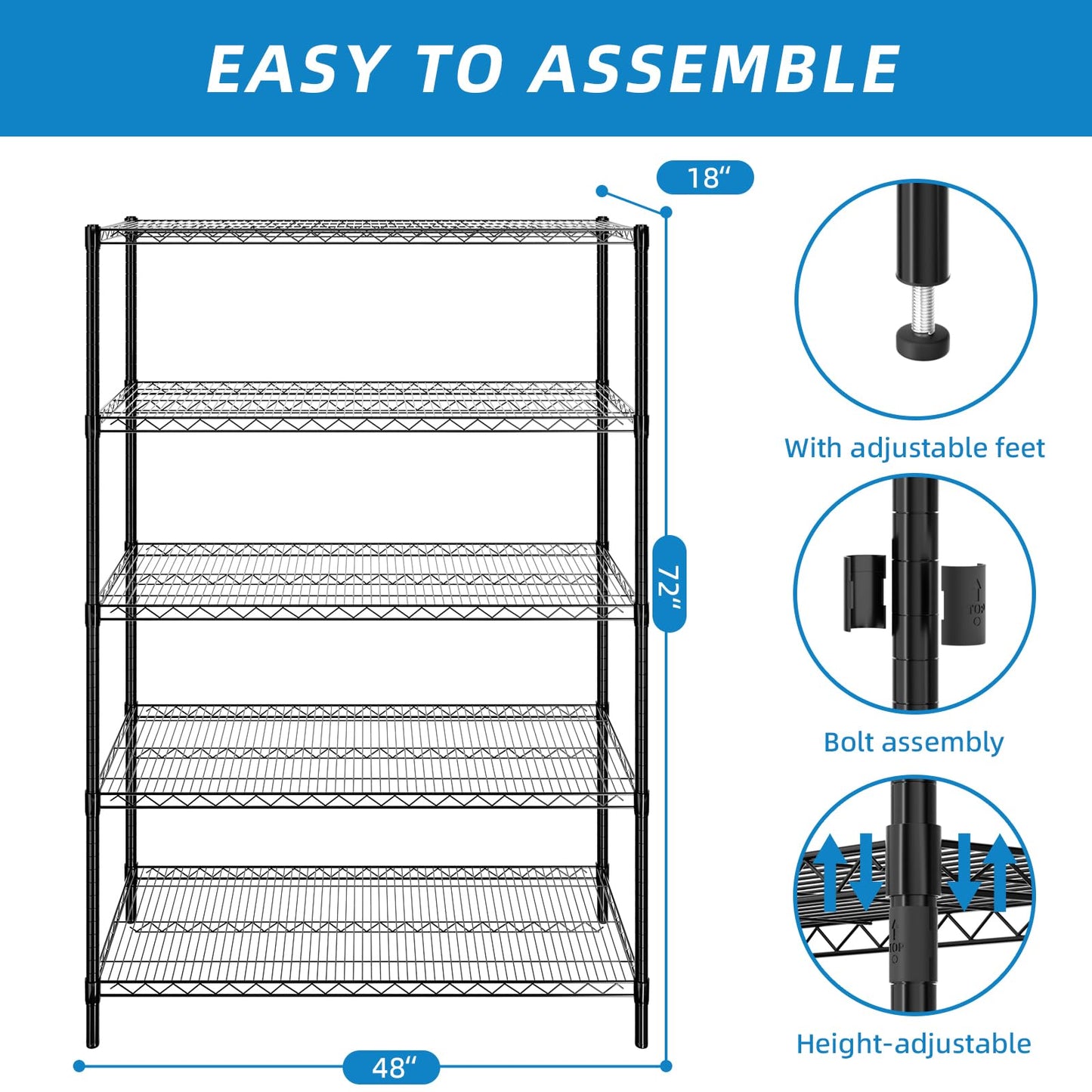 Guan River 5-Shelf Adjustable Metal Shelf Wire Shelving Unit Heavy Duty Storage Rack Display Shelf for Office,Kitchen,Bedroom,Bathroom,Laundry,Pantry Basement,Garage(Black,48" L x 18" W x 72" H)