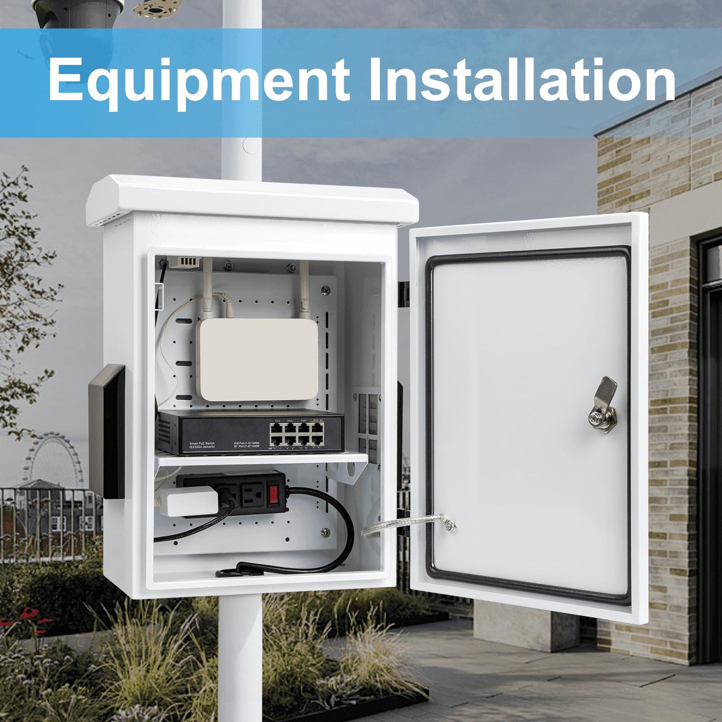 Outdoor Electrical Box with Thermostat and Fan, Cold-Rolled Steel Plate, Aluminum Alloy Back Beam, One-Piece Ventilation Design, IP65 Waterproof, Wall/Pole Mounted. (17.8" x 14" x 7.9")