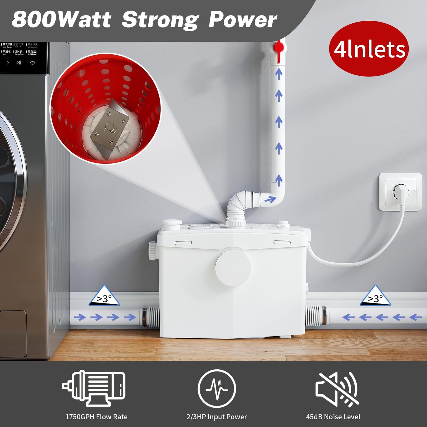 800Pro Macerating Toilet with Pump–Upflush Toilet System for Basement/Attic, 4 Water Inlets & AC Vent, 36ft Vertical Lift, Dual Flush, Easy Install,17.7" Elongated Toilet