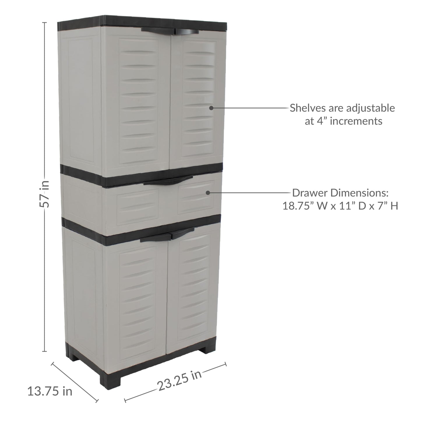 Sunnydaze 57" H Resin Garage Storage Cabinet - Garage Cabinet with 2 Adjustable Shelves - Freestanding Utility Storage for Laundry Room, Office, Basement - Gray