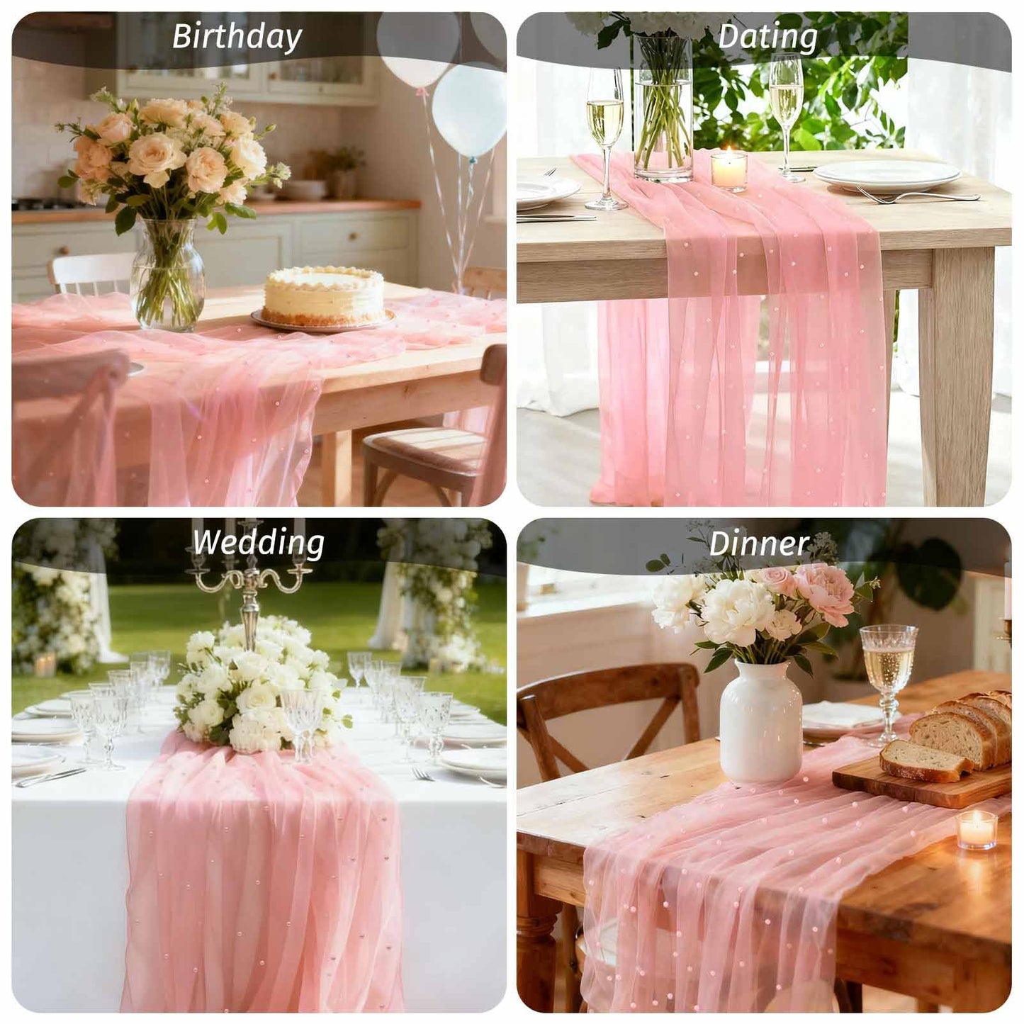 WELTRXE Pearl Table Runner 30x120 Inch 10FT Long, Pink Gauze Table Runners, Rustic Boho for Wedding Arch Birthday Party Bridal Veil Baby Shower Decorations