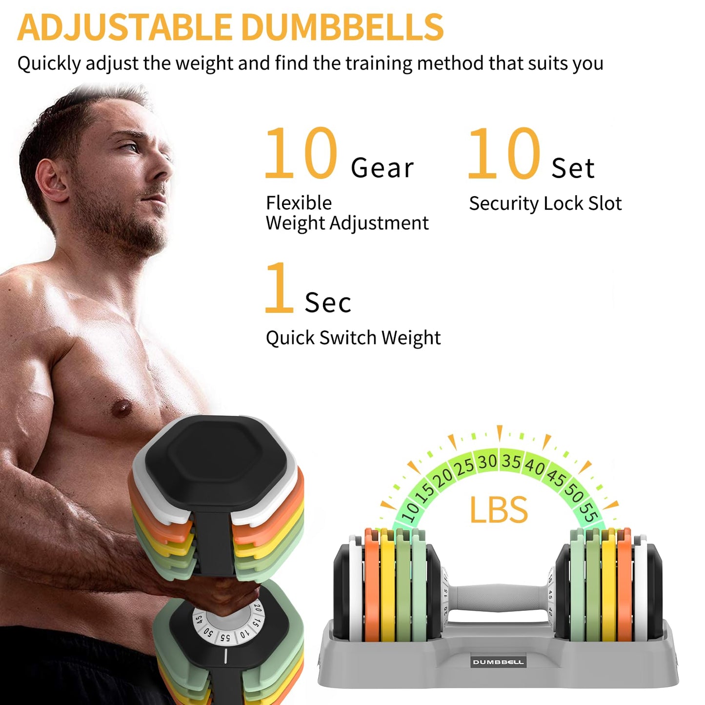 SKOK 55lbs Adjustable Dumbbell Set, Anti-Slip Fast Adjust Weight, Space-Saving for Home Strength Training & Fitness